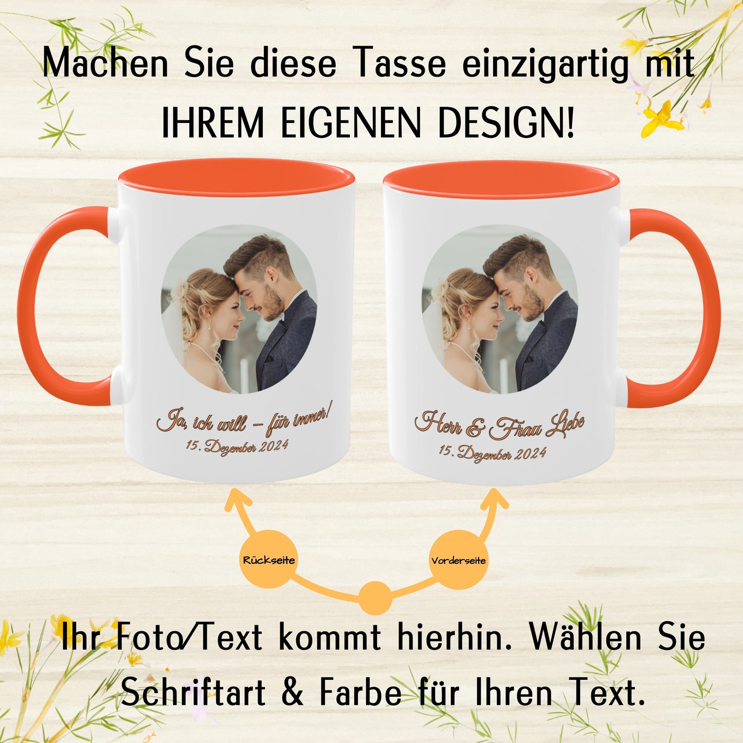 Personalisierte Tasse, weiß/orange, 325 ml, mit Foto, Text oder Logo, Kreisdesign