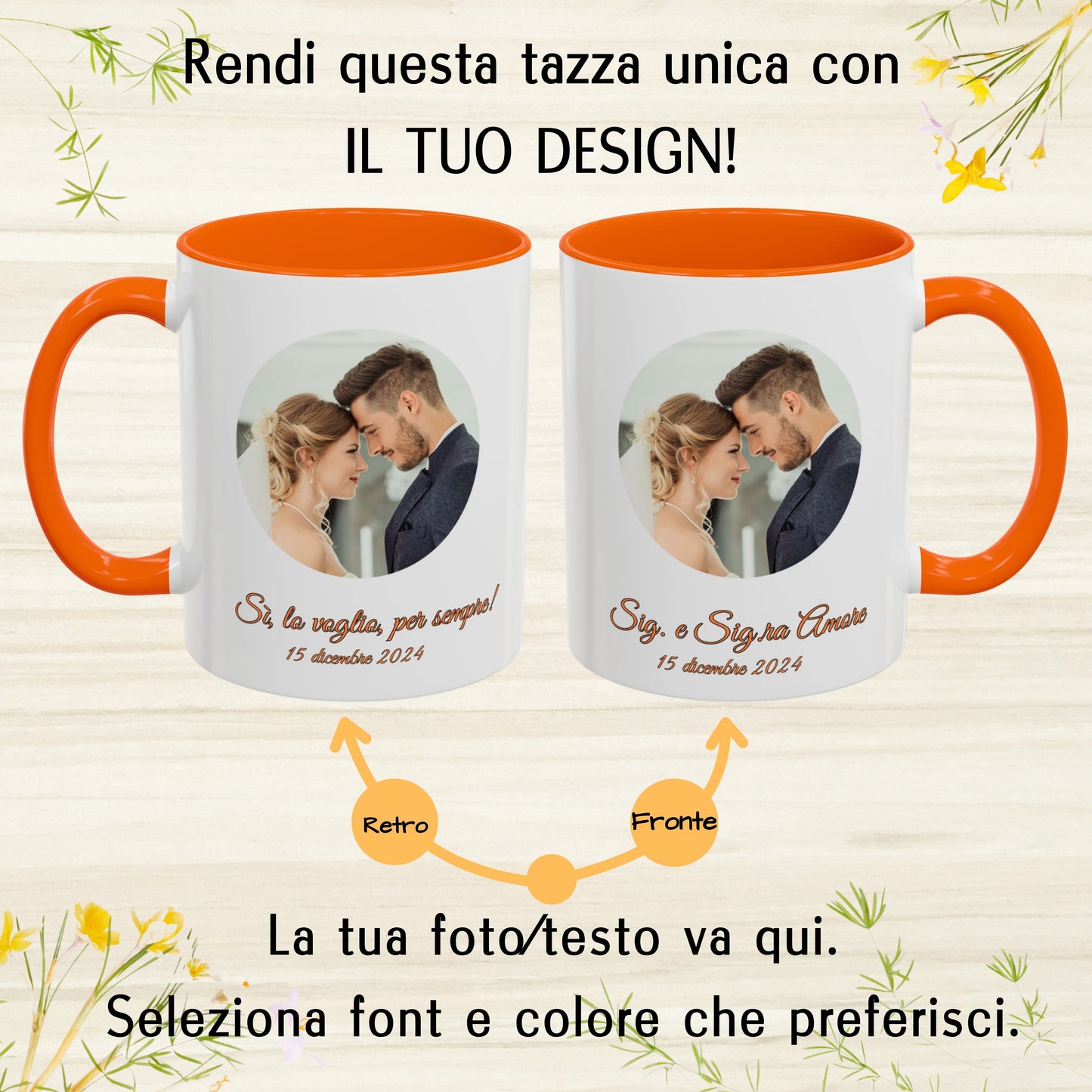 Tazza personalizzata, 325 ml Bianco/arancione Design circolare Tazza da caffè in ceramica, Regalo personalizzato con foto, testo o logo