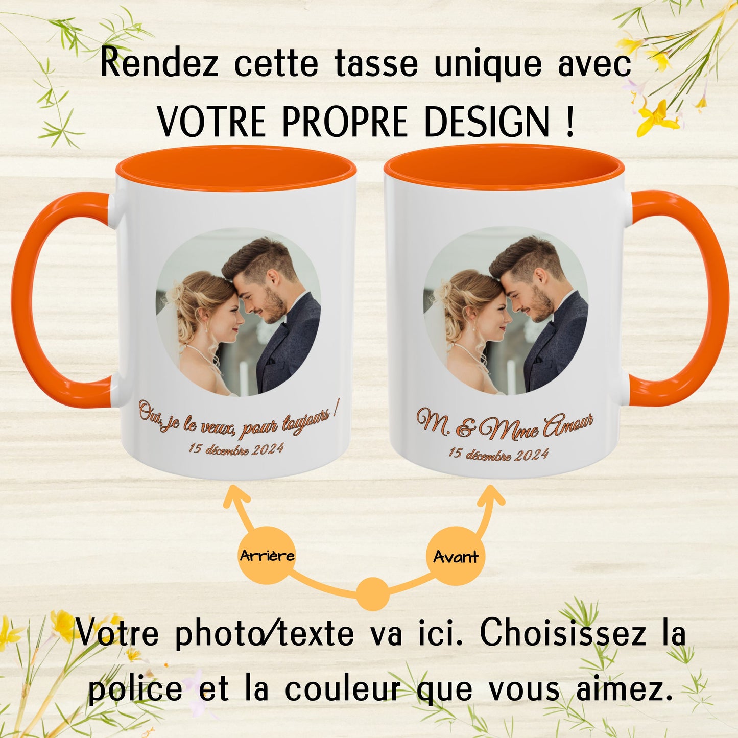 Mug personnalisé, Tasse à café en céramique 325ml blanche/orange motif cercle, Cadeau personnalisé avec photo, texte ou logo