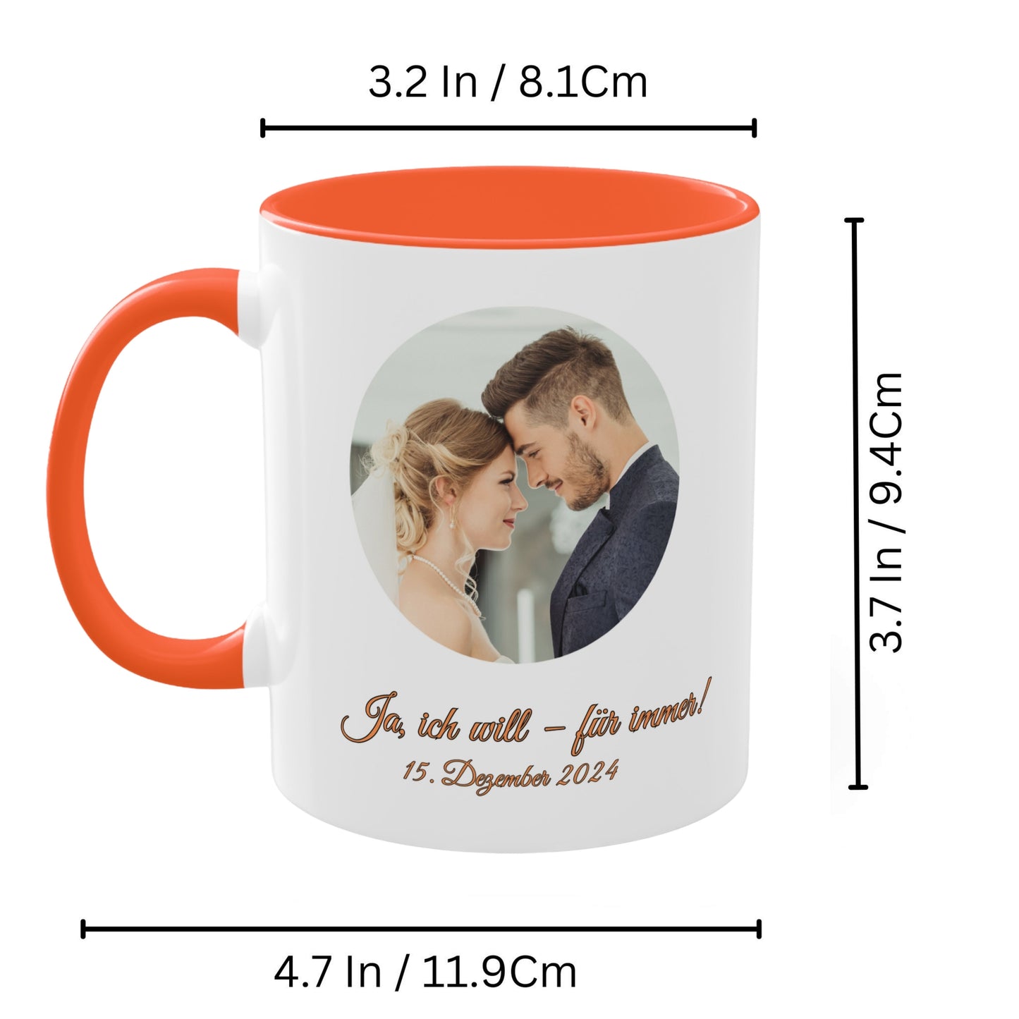 Personalisierte Tasse, weiß/orange, 325 ml, mit Foto, Text oder Logo, Kreisdesign
