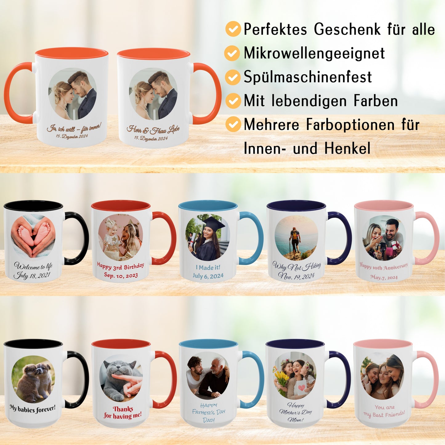 Personalisierte Tasse, weiß/orange, 325 ml, mit Foto, Text oder Logo, Kreisdesign