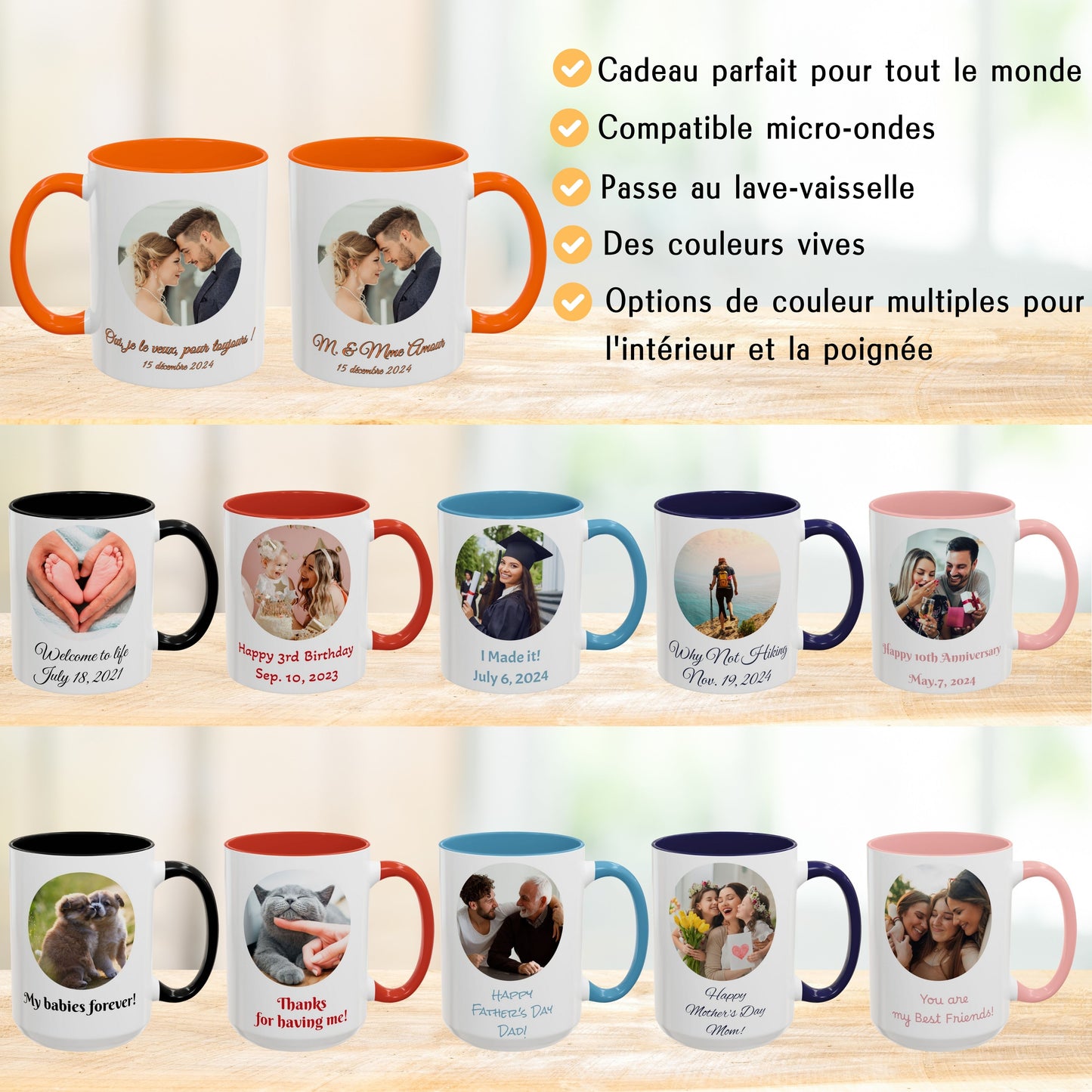 Mug personnalisé, Tasse à café en céramique 325ml blanche/orange motif cercle, Cadeau personnalisé avec photo, texte ou logo