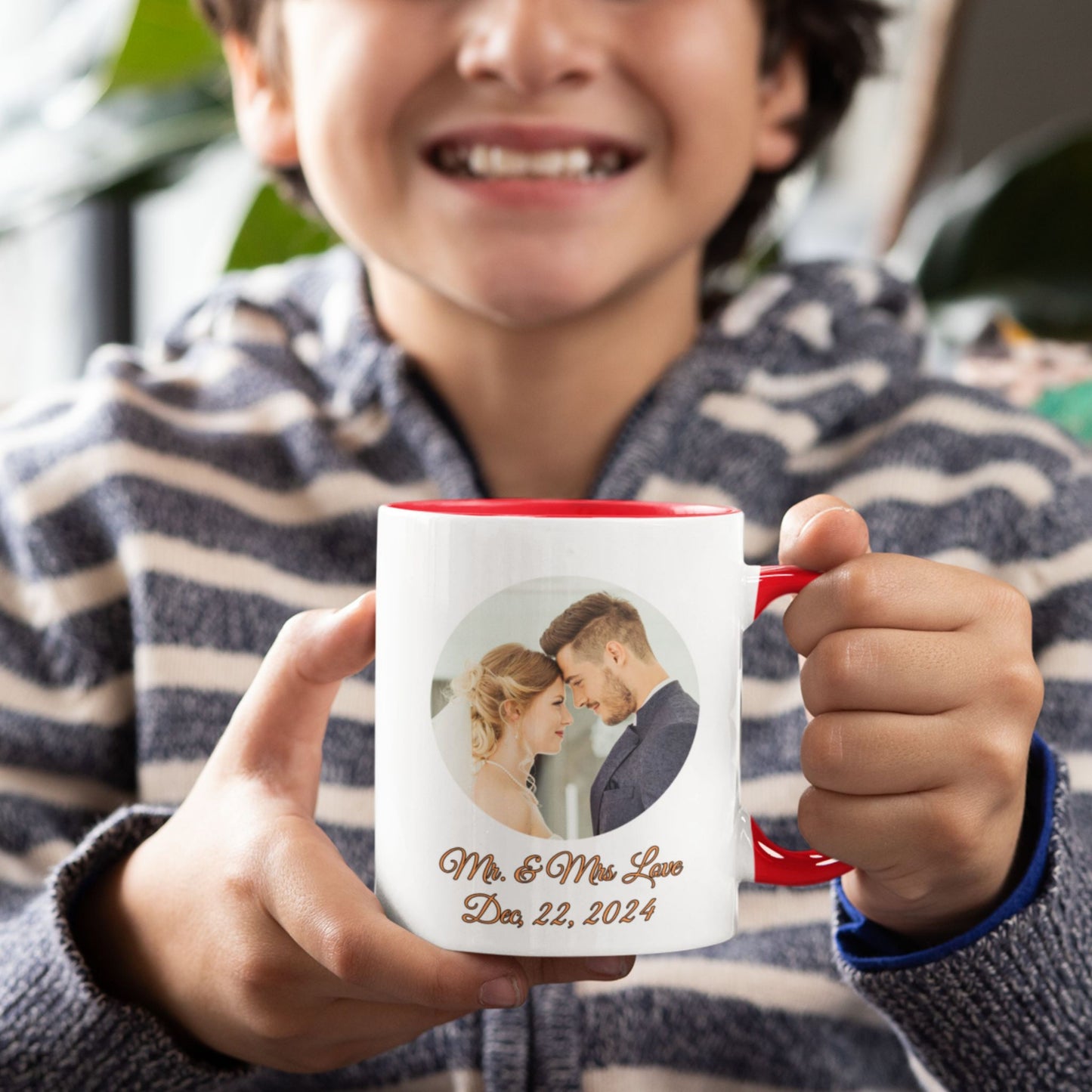 Personalisierte Tasse, weiß/orange, 325 ml, mit Foto, Text oder Logo, Kreisdesign