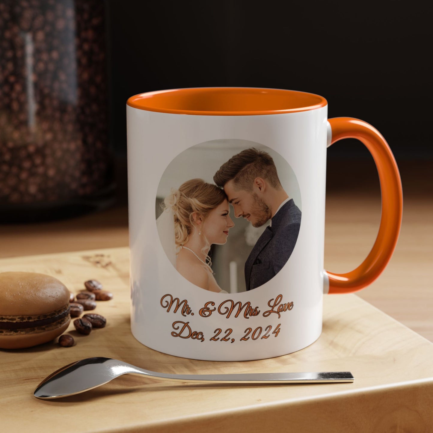 Personalisierte Tasse, weiß/orange, 325 ml, mit Foto, Text oder Logo, Kreisdesign