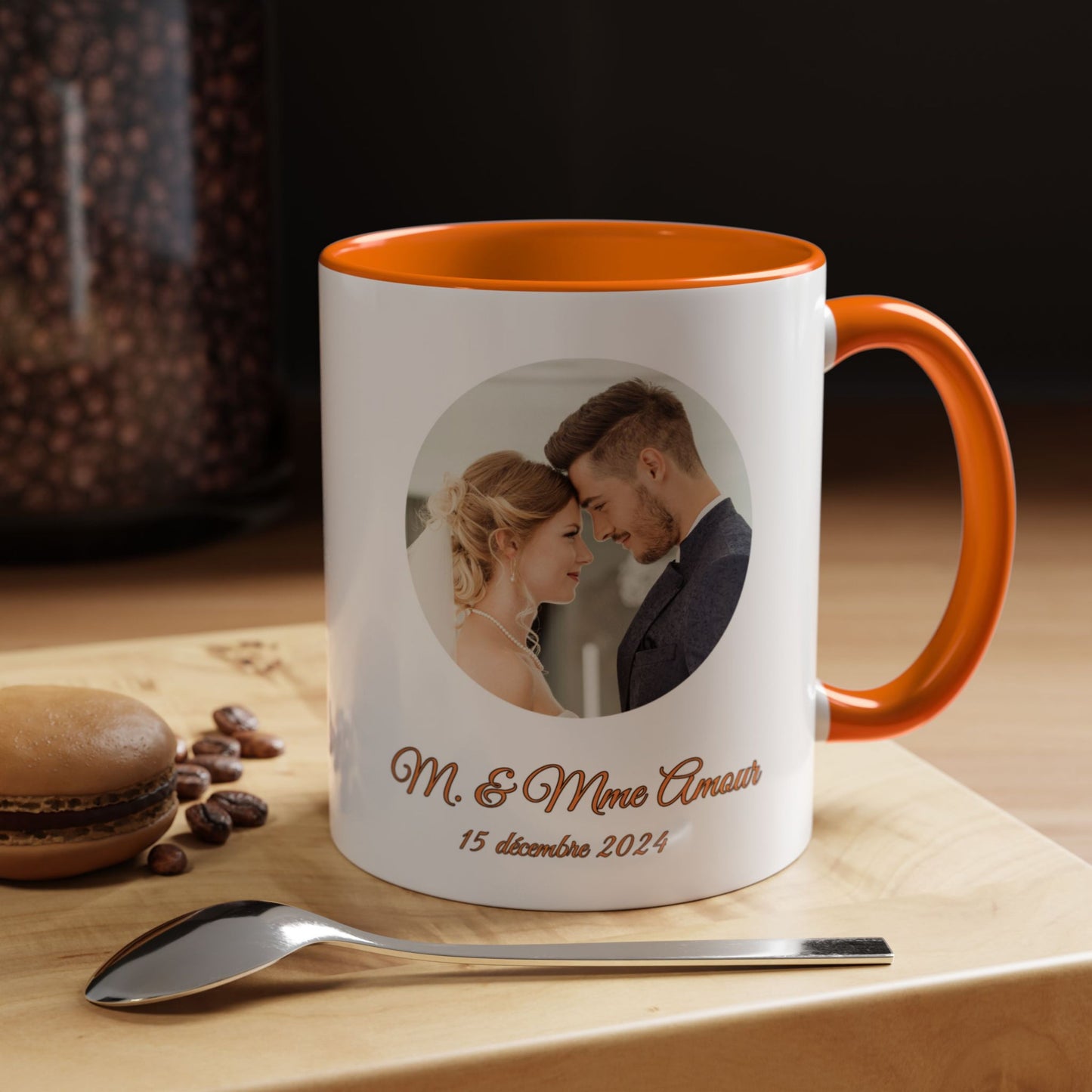 Mug personnalisé, Tasse à café en céramique 325ml blanche/orange motif cercle, Cadeau personnalisé avec photo, texte ou logo