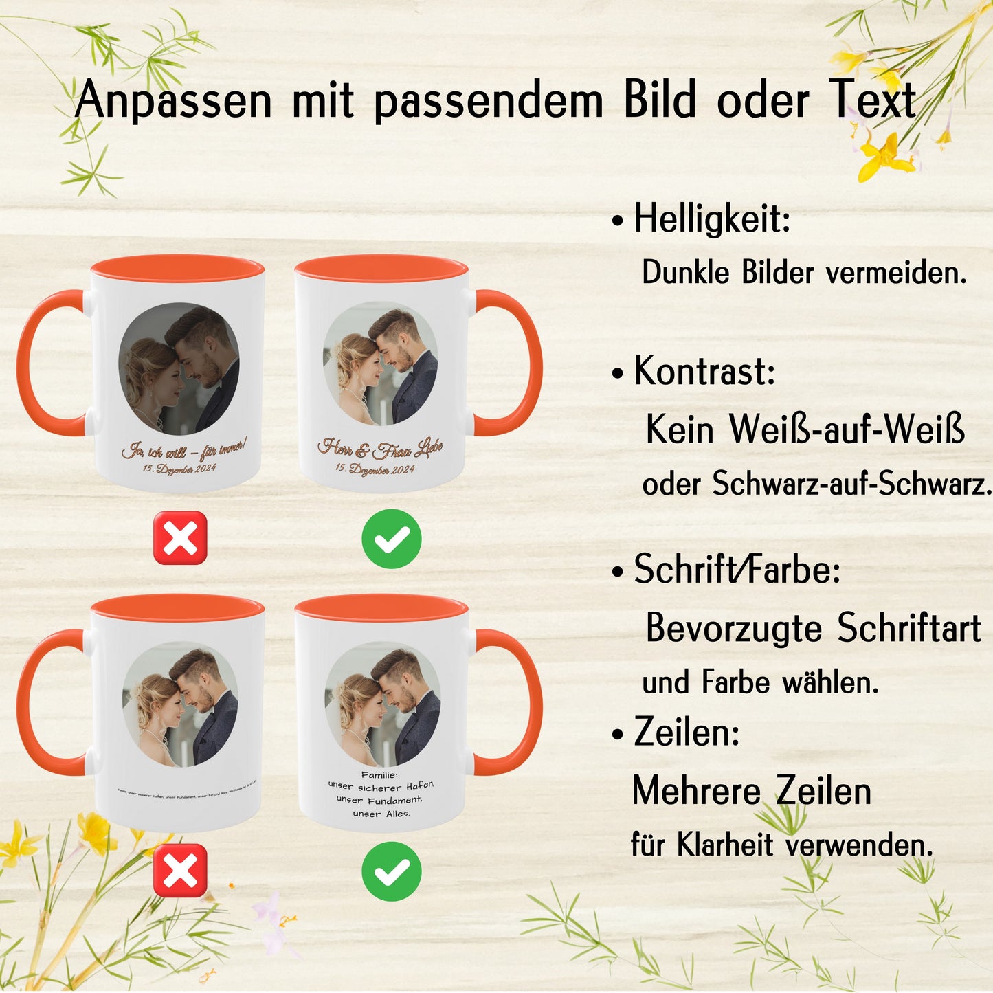Personalisierte Tasse, weiß/orange, 325 ml, mit Foto, Text oder Logo, Kreisdesign