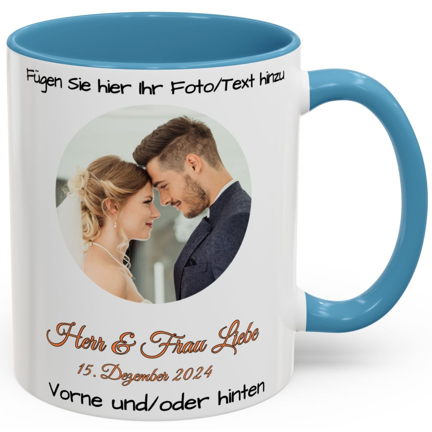 Personalisierte Tasse, 325ml Keramik-Kaffeetasse mit weißem/hellblauem Kreisdesign, personalisiertes Geschenk mit Foto, Text oder Logo