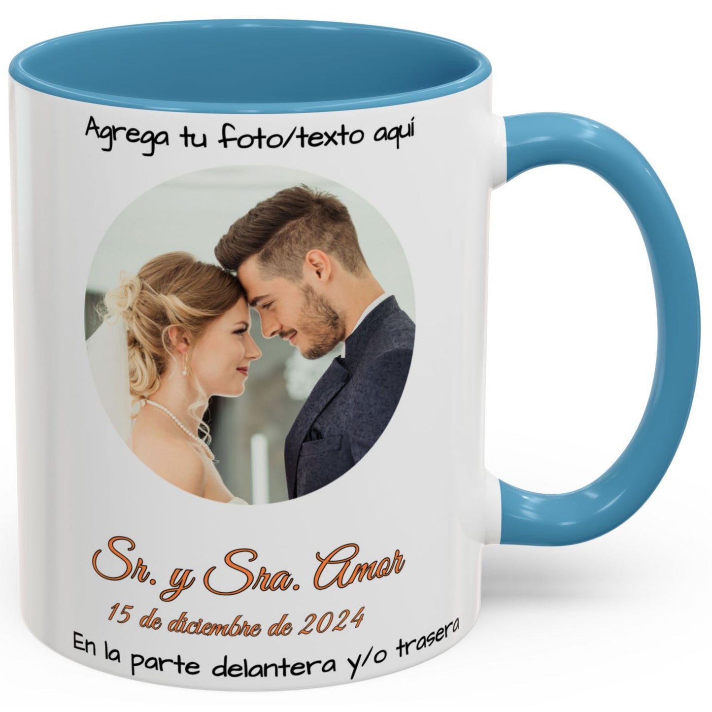 Taza personalizada, 325ml Blanco/azul claro Diseño circular Cerámica Taza de café, Regalo personalizado con foto, texto o logo