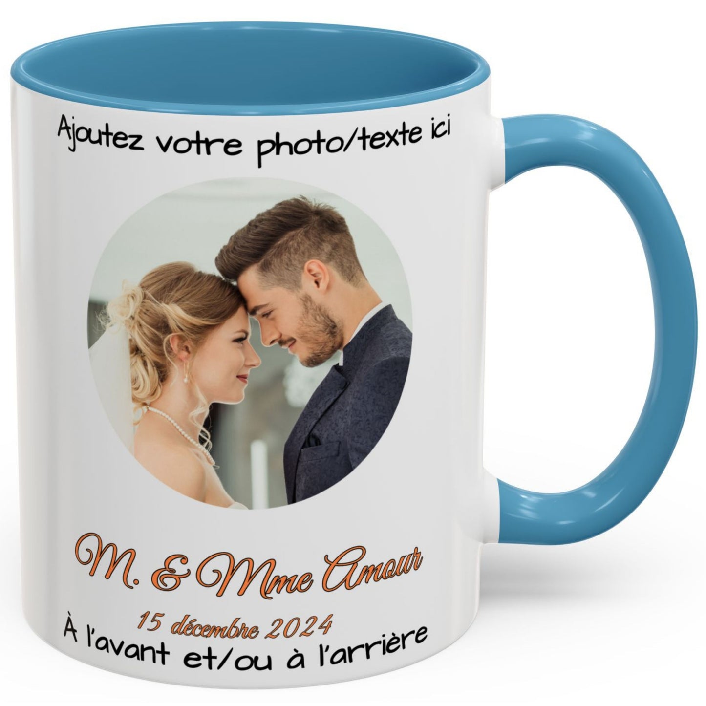 Mug personnalisé, 325 ml, en céramique, blanc/bleu clair, motif cercle, cadeau personnalisé avec photo, texte ou logo