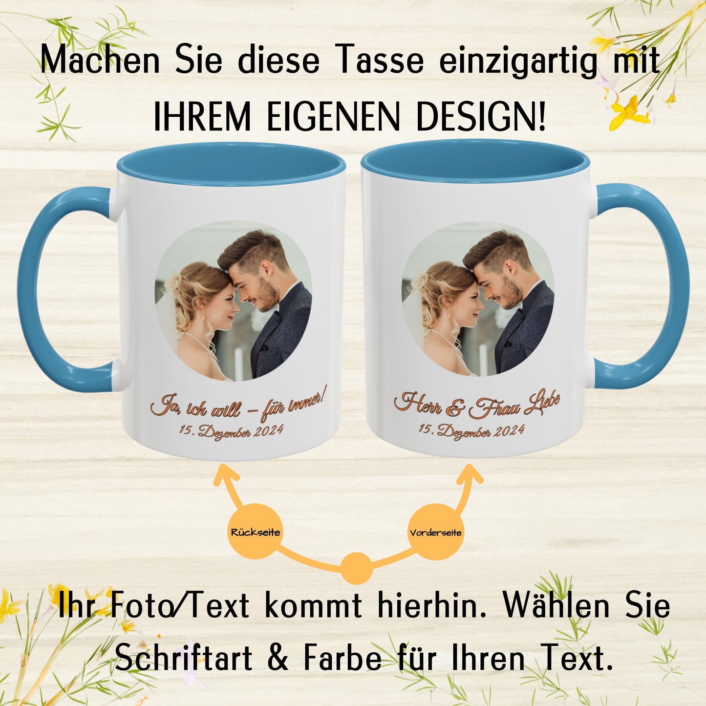 Personalisierte Tasse, 325ml Keramik-Kaffeetasse mit weißem/hellblauem Kreisdesign, personalisiertes Geschenk mit Foto, Text oder Logo