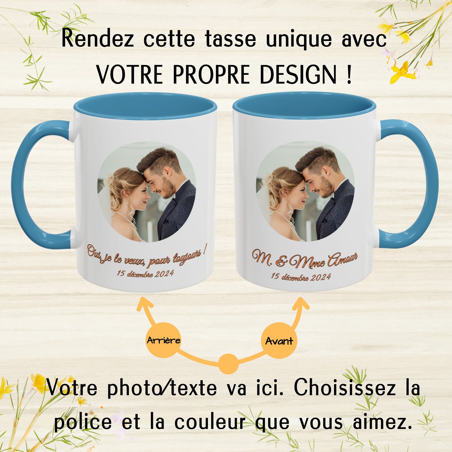 Mug personnalisé, 325 ml, en céramique, blanc/bleu clair, motif cercle, cadeau personnalisé avec photo, texte ou logo