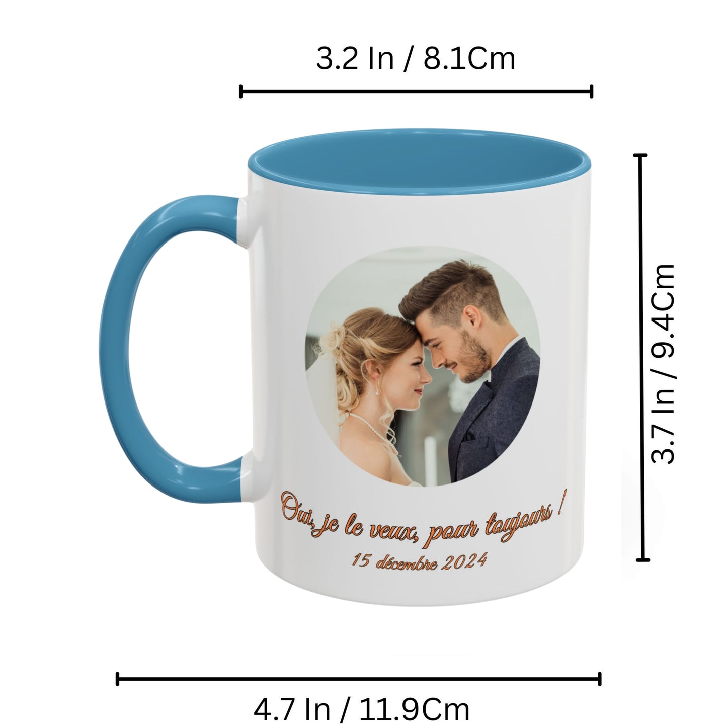 Mug personnalisé, 325 ml, en céramique, blanc/bleu clair, motif cercle, cadeau personnalisé avec photo, texte ou logo