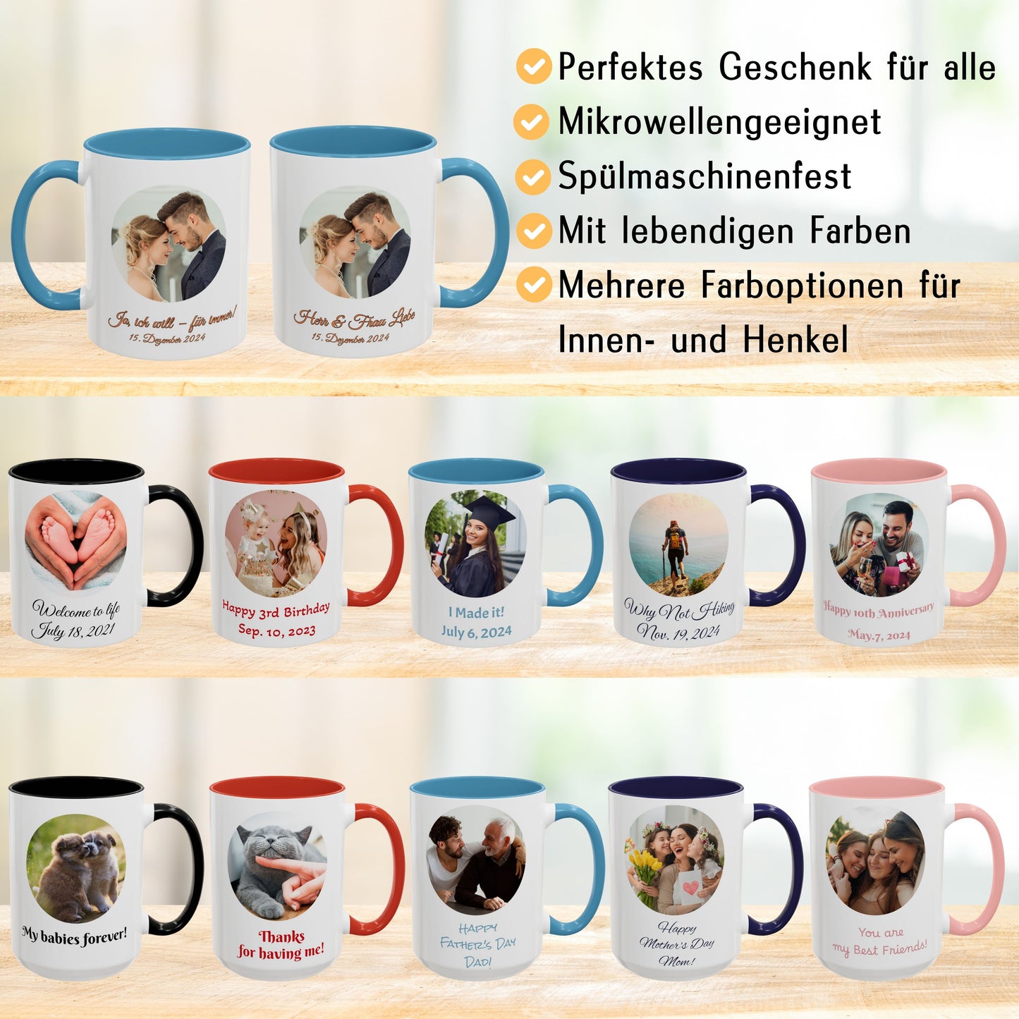 Personalisierte Tasse, 325ml Keramik-Kaffeetasse mit weißem/hellblauem Kreisdesign, personalisiertes Geschenk mit Foto, Text oder Logo