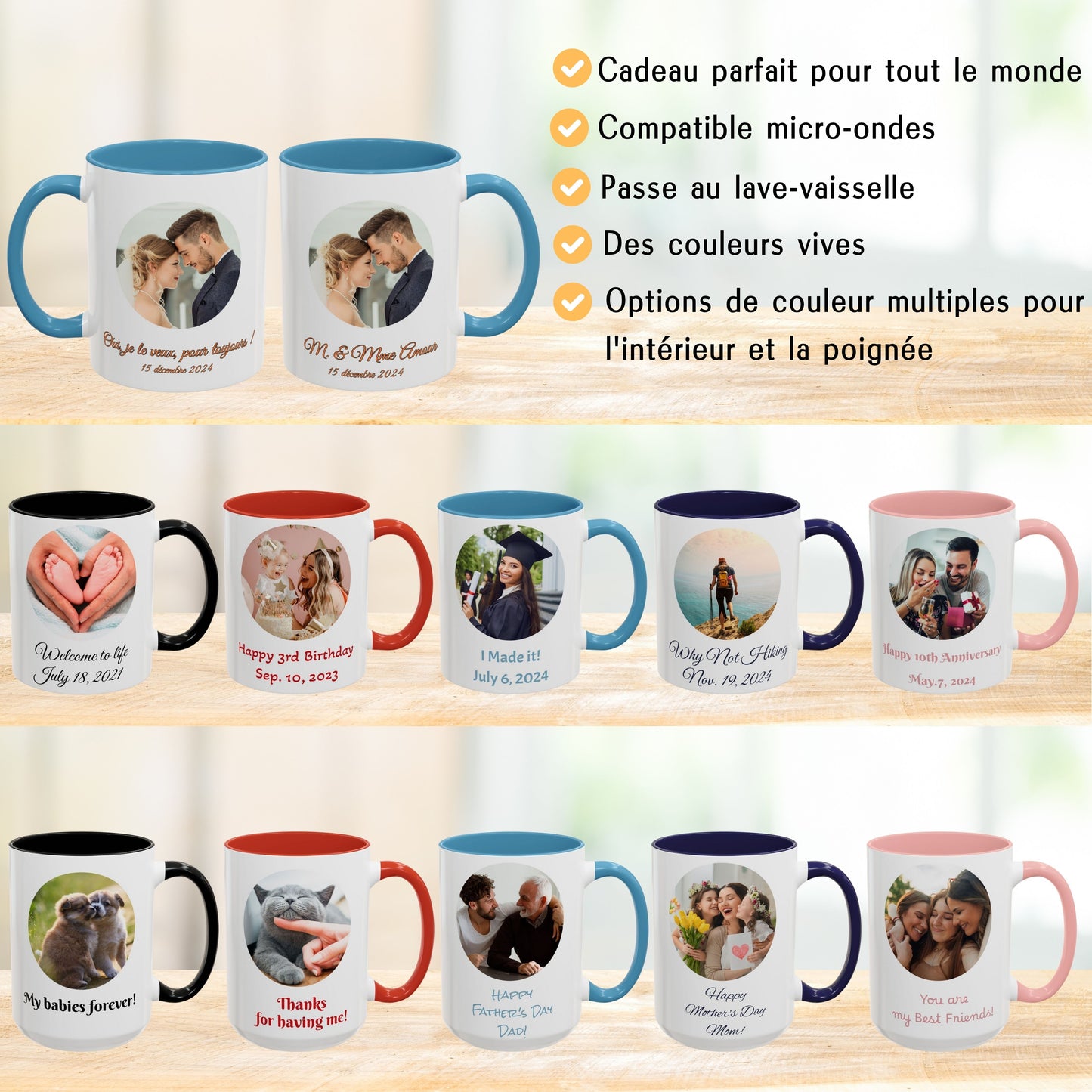 Mug personnalisé, 325 ml, en céramique, blanc/bleu clair, motif cercle, cadeau personnalisé avec photo, texte ou logo