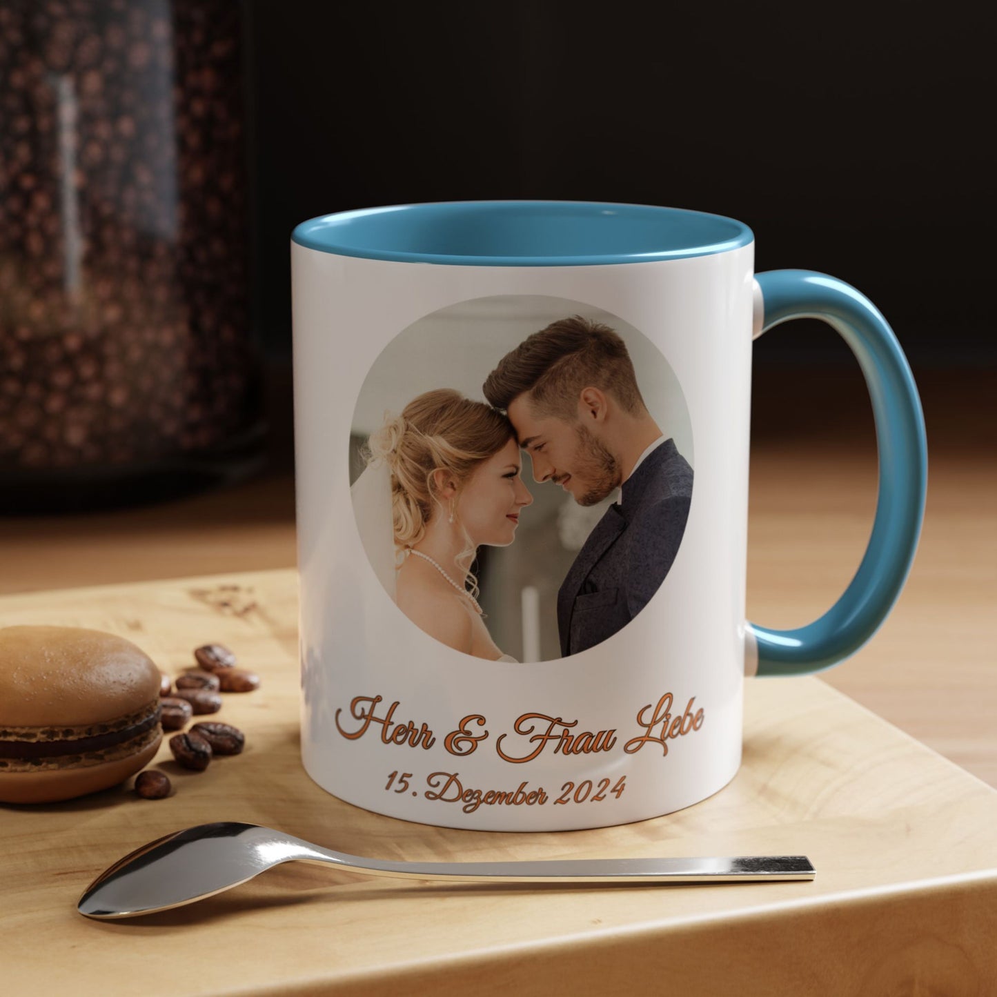 Personalisierte Tasse, 325ml Keramik-Kaffeetasse mit weißem/hellblauem Kreisdesign, personalisiertes Geschenk mit Foto, Text oder Logo