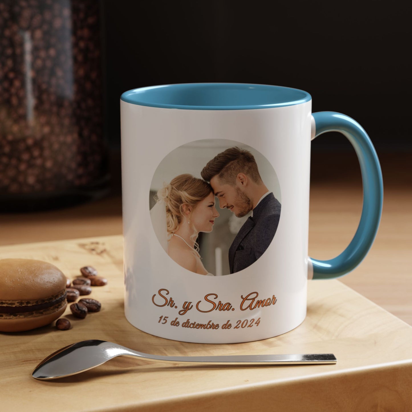 Taza personalizada, 325ml Blanco/azul claro Diseño circular Cerámica Taza de café, Regalo personalizado con foto, texto o logo