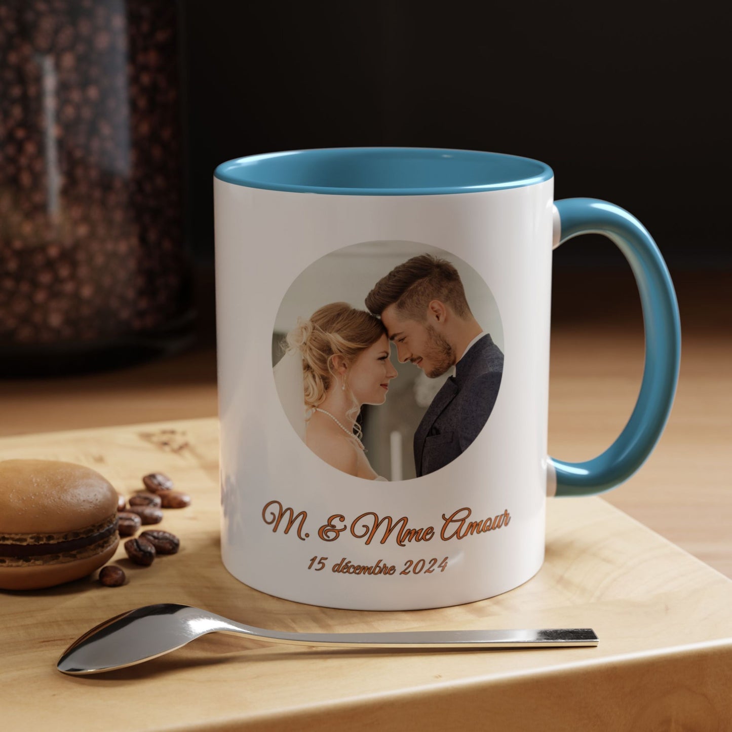 Mug personnalisé, 325 ml, en céramique, blanc/bleu clair, motif cercle, cadeau personnalisé avec photo, texte ou logo