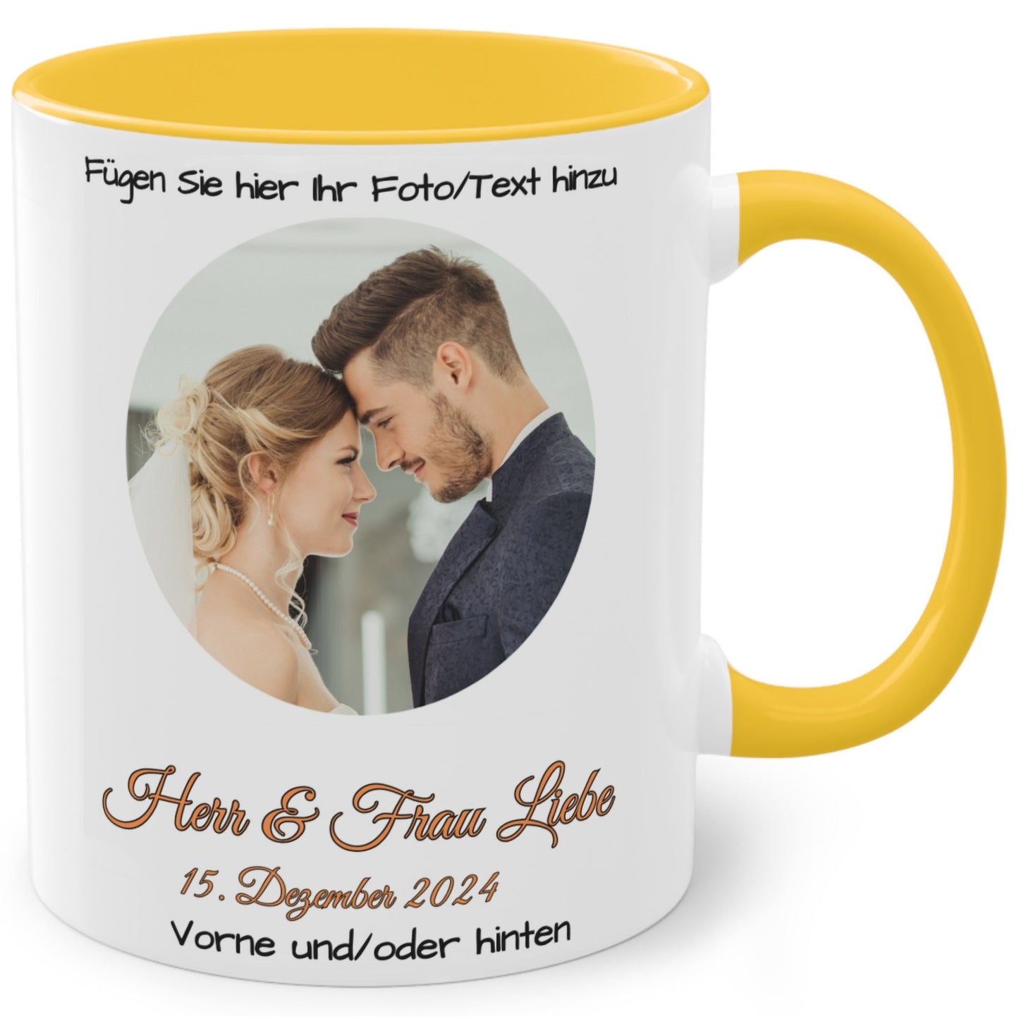 Personalisierte Tasse, weiß/goldgelb, 325 ml, Geschenkidee mit Foto, Text oder Logo, Kreisdesign