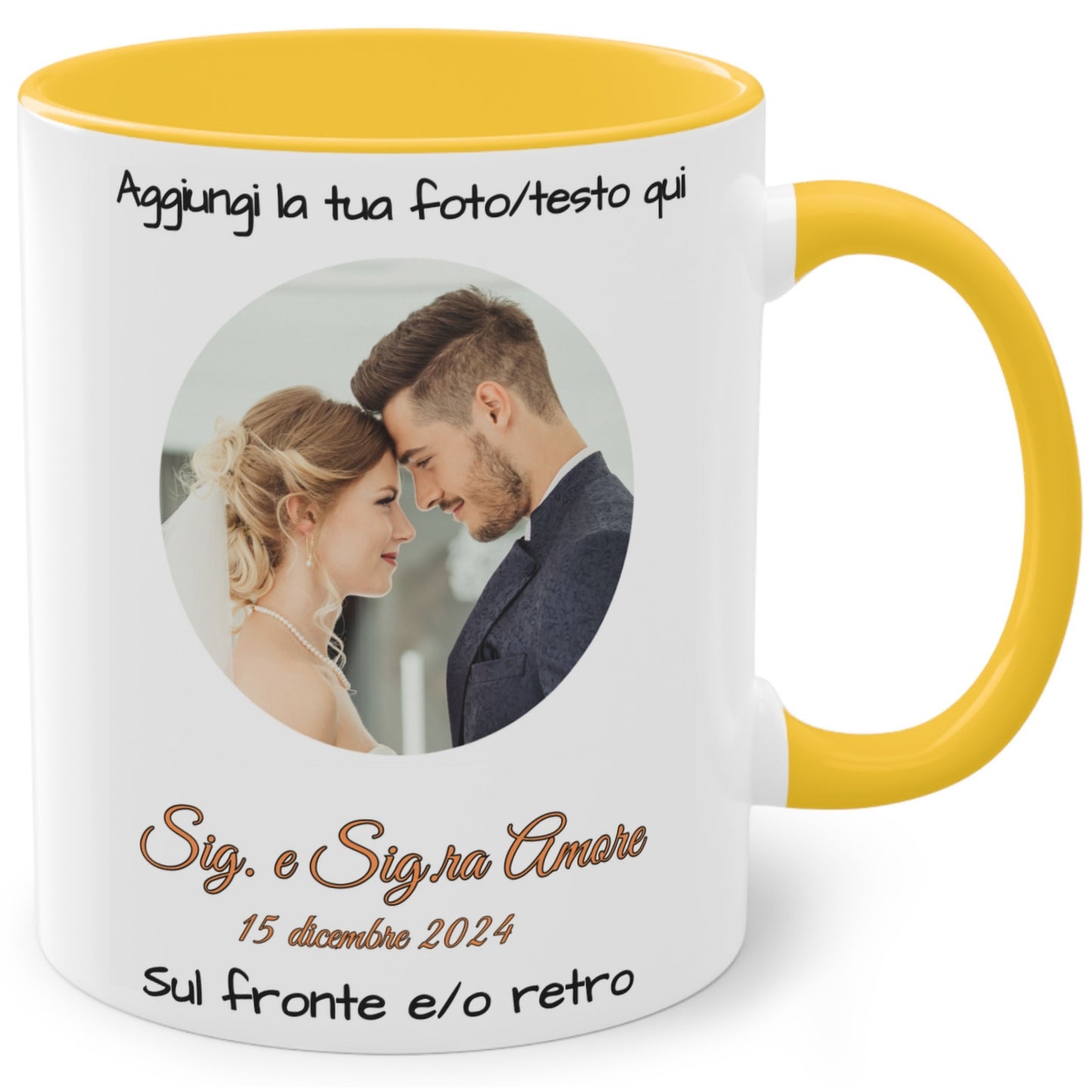 Tazza personalizzata, 325 ml Bianco/giallo dorato Design circolare Tazza da caffè in ceramica, Regalo personalizzato con foto, testo o logo