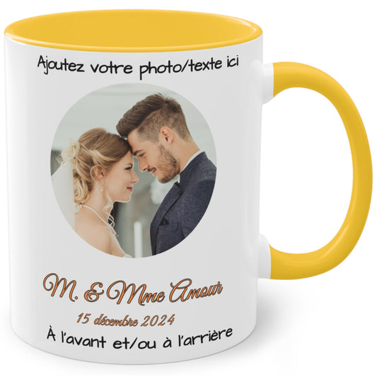 Custom Mug, 11oz White/Golden Yellow Circle Design Ceramic Coffee Mug, Personalized Gift with Photo, Text or Logo