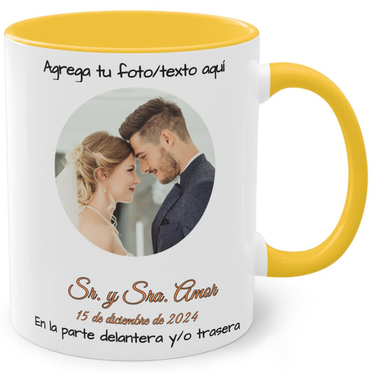 Custom Mug, 11oz White/Golden Yellow Circle Design Ceramic Coffee Mug, Personalized Gift with Photo, Text or Logo