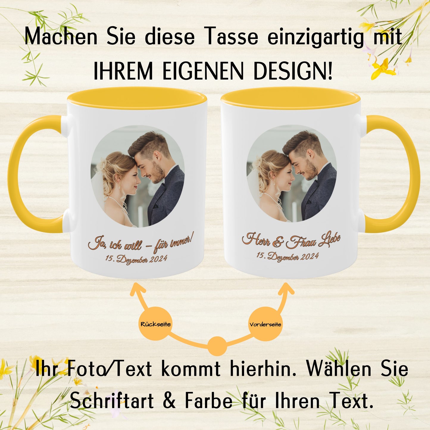 Personalisierte Tasse, weiß/goldgelb, 325 ml, Geschenkidee mit Foto, Text oder Logo, Kreisdesign