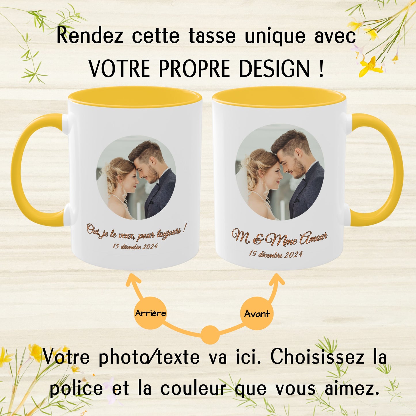 Tasse Personnalisée, Mug en Céramique Blanc/Jaune doré Cercle Design 325ml, Cadeau Personnalisé avec Photo, Texte ou Logo