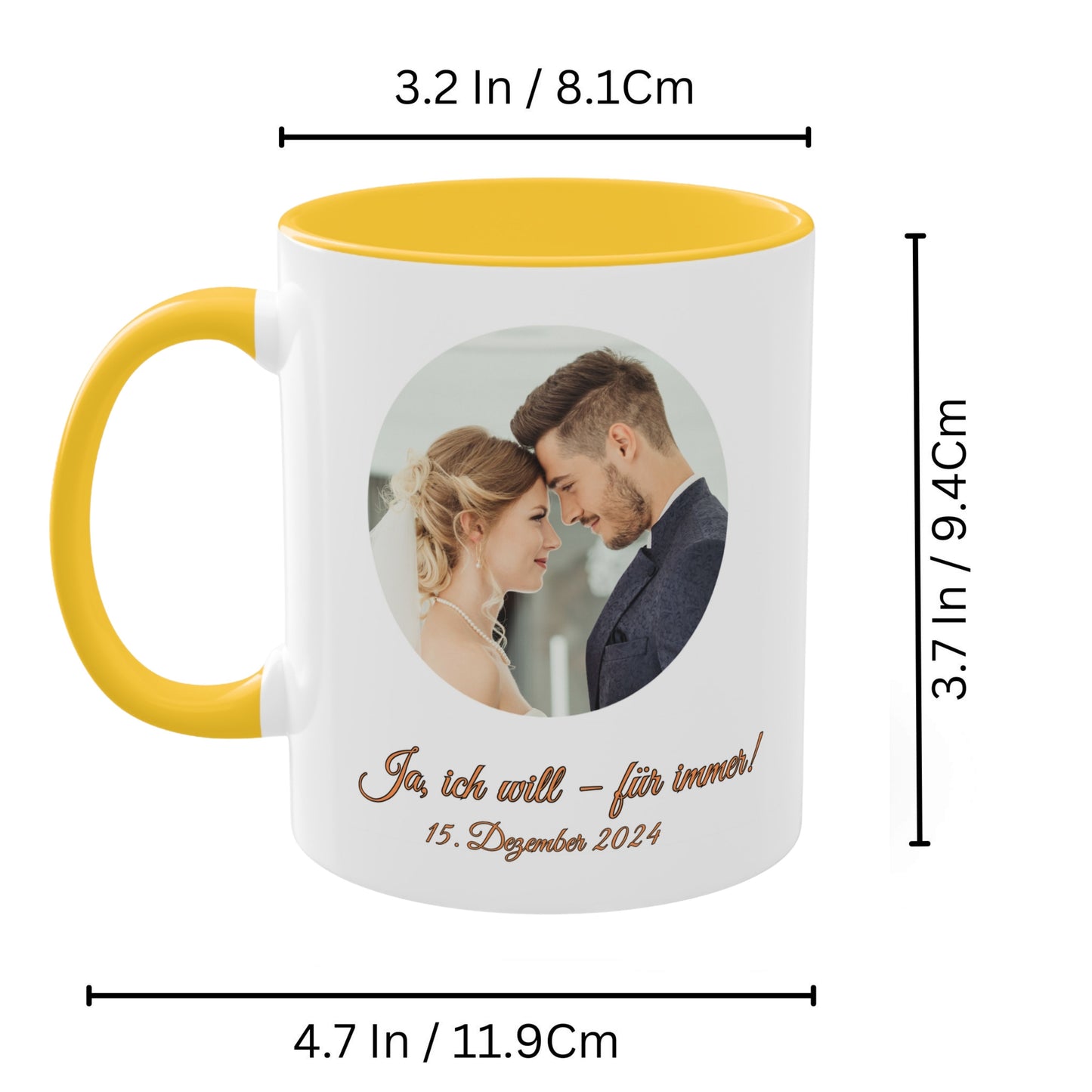 Personalisierte Tasse, weiß/goldgelb, 325 ml, Geschenkidee mit Foto, Text oder Logo, Kreisdesign