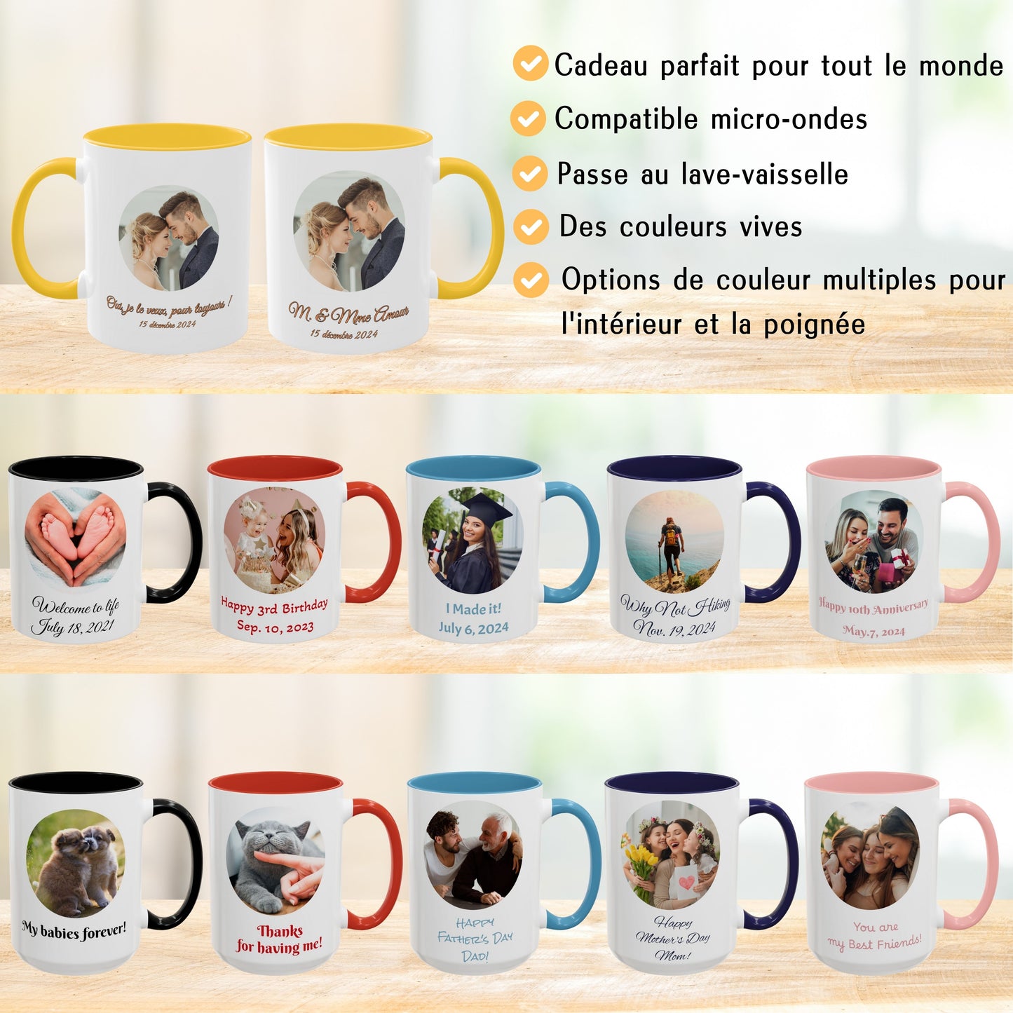 Tasse Personnalisée, Mug en Céramique Blanc/Jaune doré Cercle Design 325ml, Cadeau Personnalisé avec Photo, Texte ou Logo