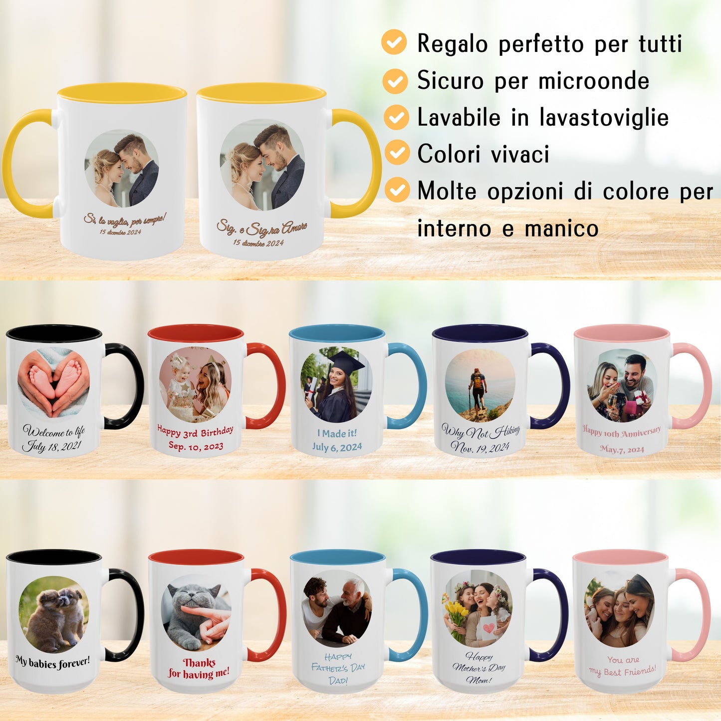 Tazza personalizzata, 325 ml Bianco/giallo dorato Design circolare Tazza da caffè in ceramica, Regalo personalizzato con foto, testo o logo