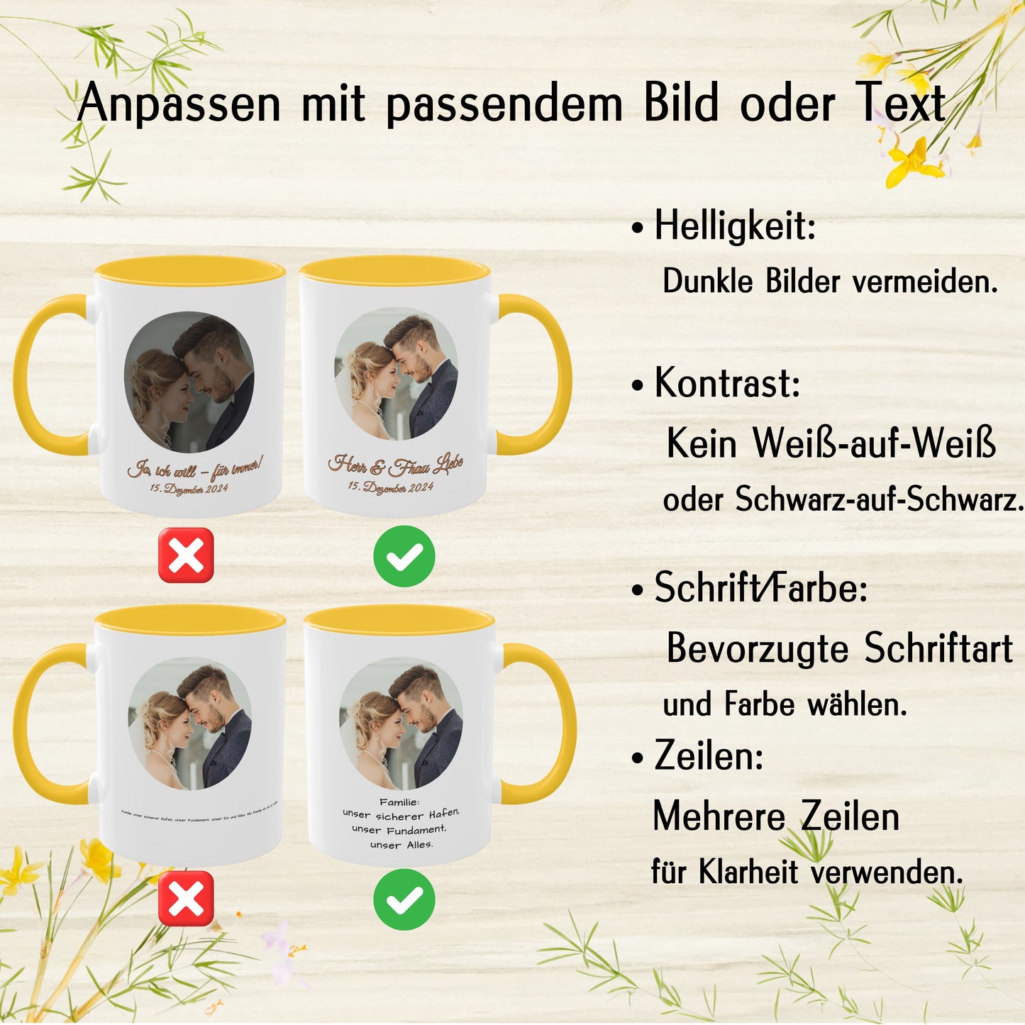 Personalisierte Tasse, weiß/goldgelb, 325 ml, Geschenkidee mit Foto, Text oder Logo, Kreisdesign