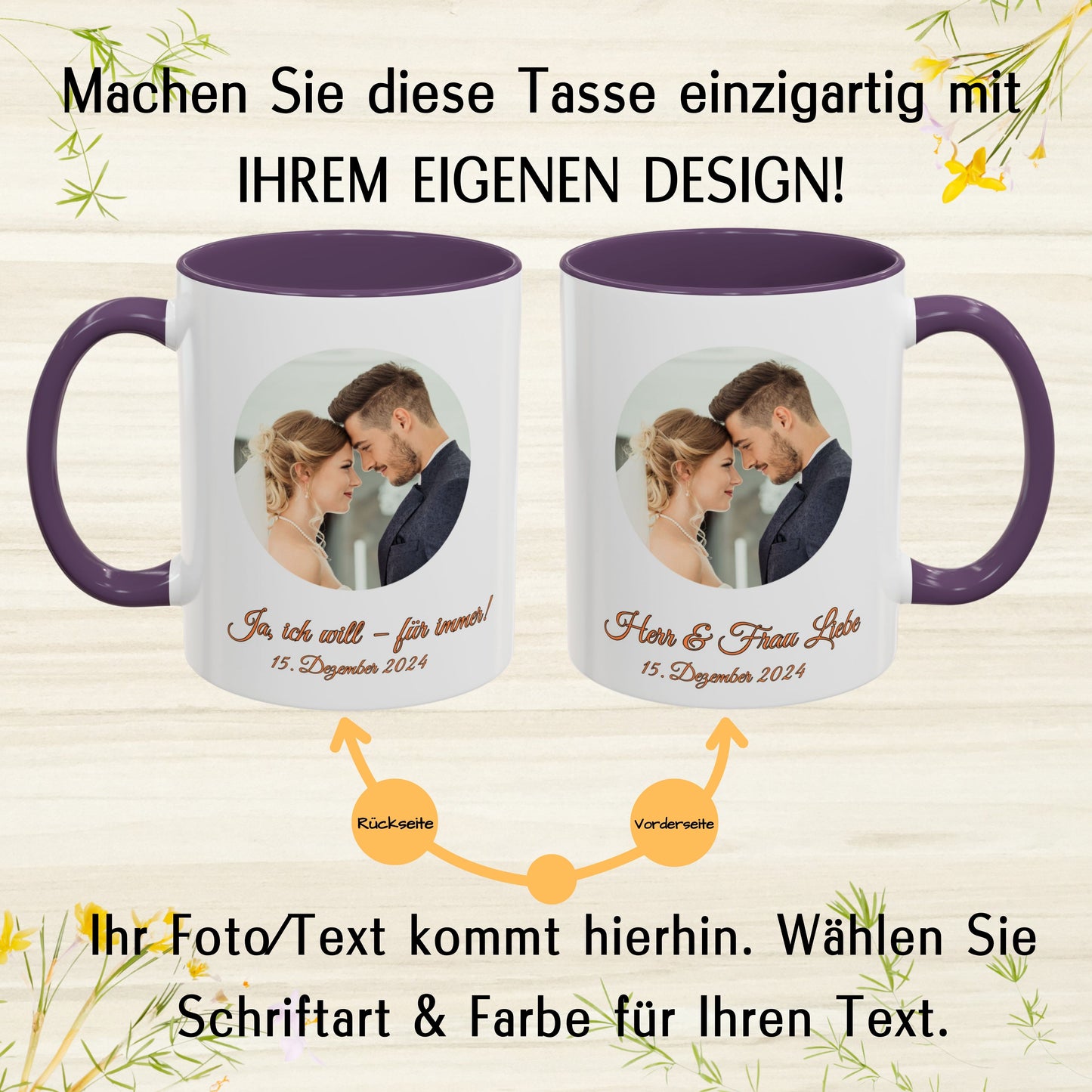 Individuelle Tasse, 325ml Weiß/Lila Kreisdesign Keramiktasse, Personalisiertes Geschenk mit Foto, Text oder Logo