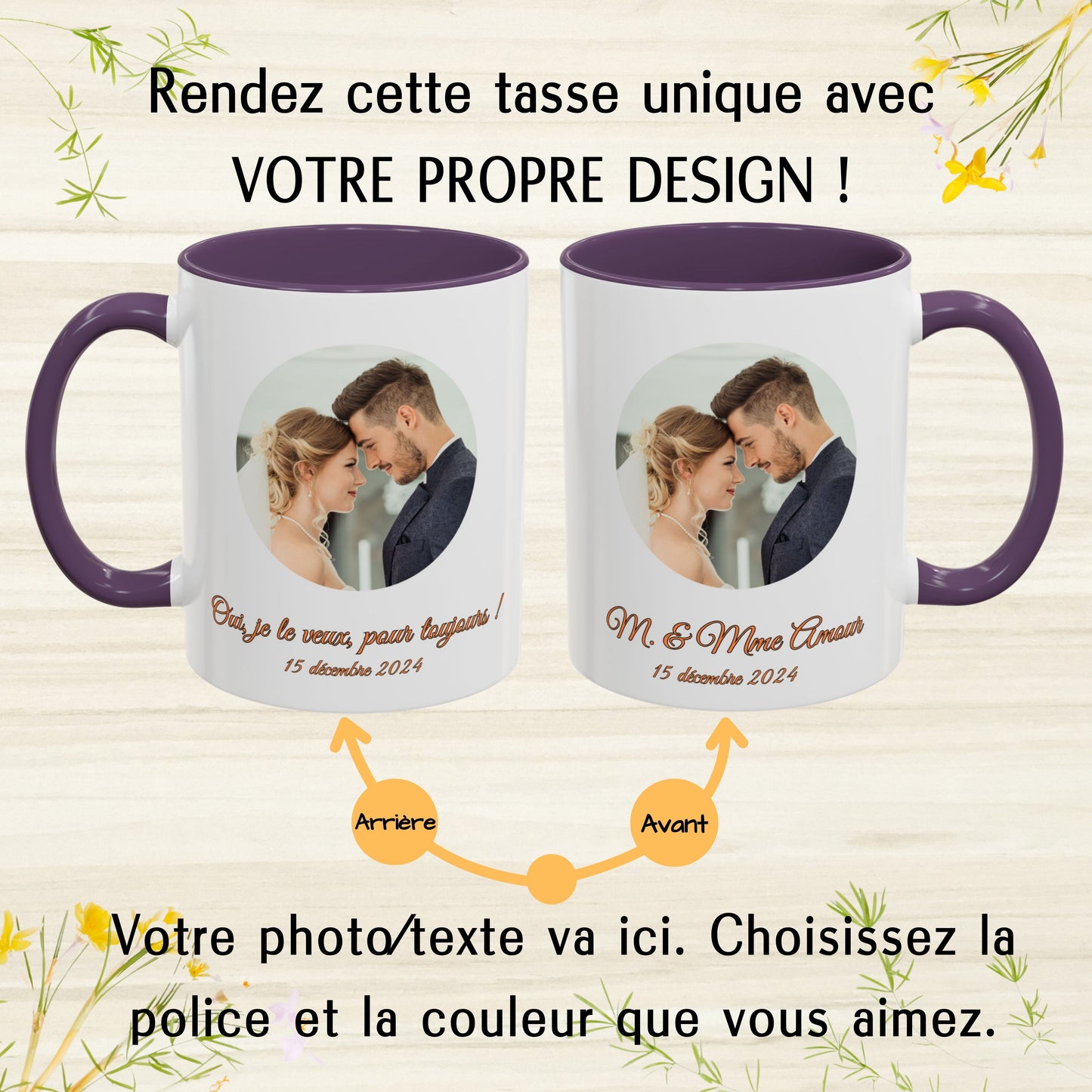 Mug personnalisé, 325 ml, en céramique, motif cercle blanc/violet, cadeau personnalisé avec photo, texte ou logo