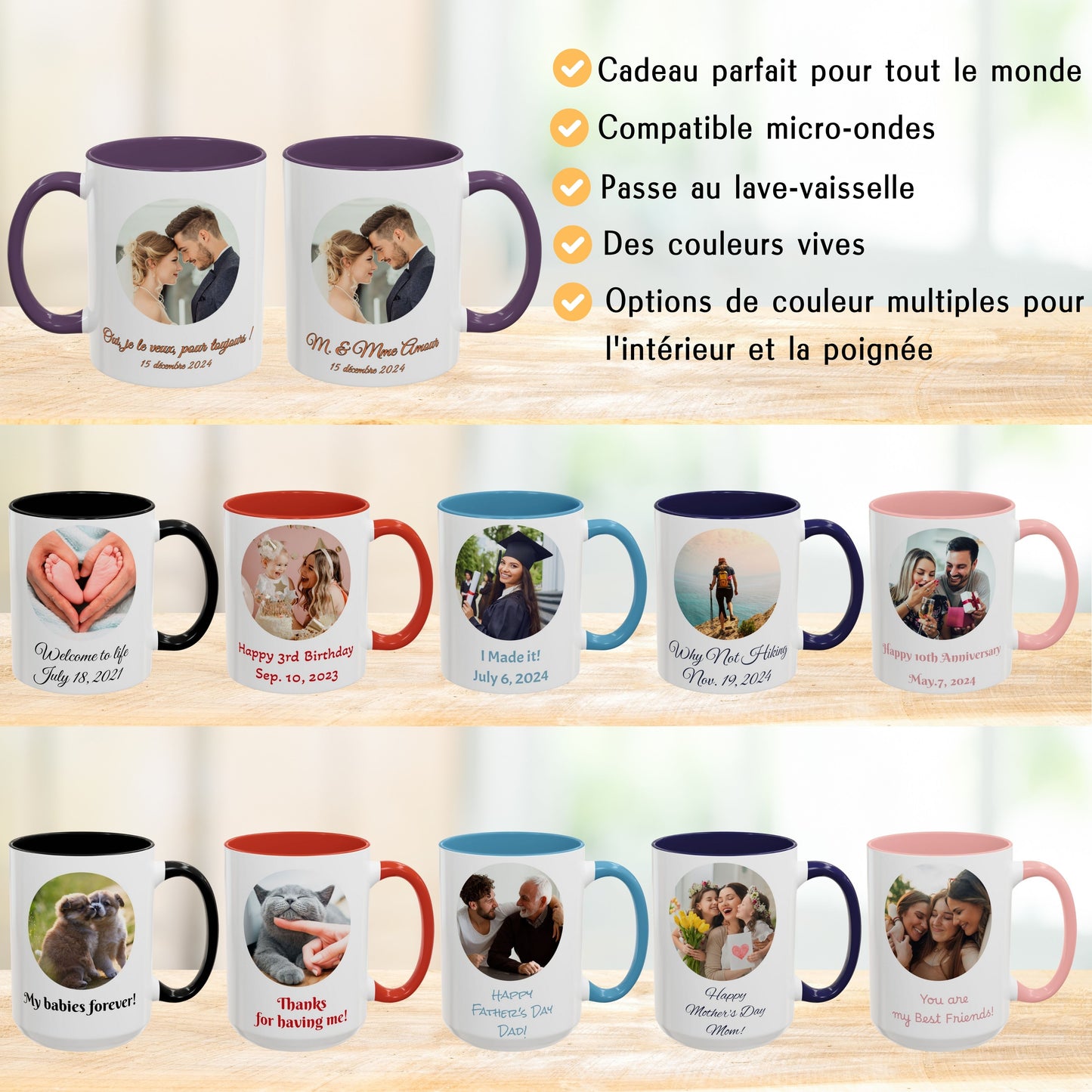 Mug personnalisé, 325 ml, en céramique, motif cercle blanc/violet, cadeau personnalisé avec photo, texte ou logo