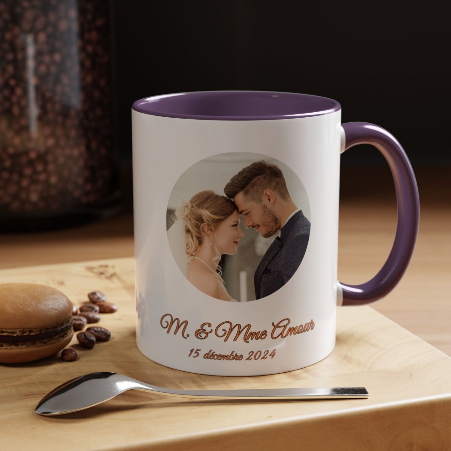 Mug personnalisé, 325 ml, en céramique, motif cercle blanc/violet, cadeau personnalisé avec photo, texte ou logo