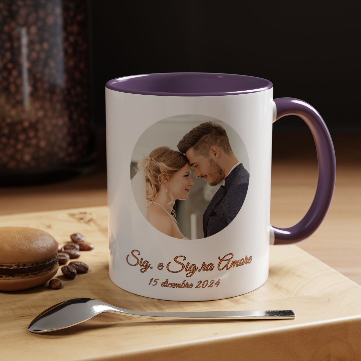 Personalisierte Tasse, 325 ml Weiß/Lila Kreisförmiges Design Keramik-Kaffeetasse, Personalisiertes Geschenk mit Foto, Text oder Logo