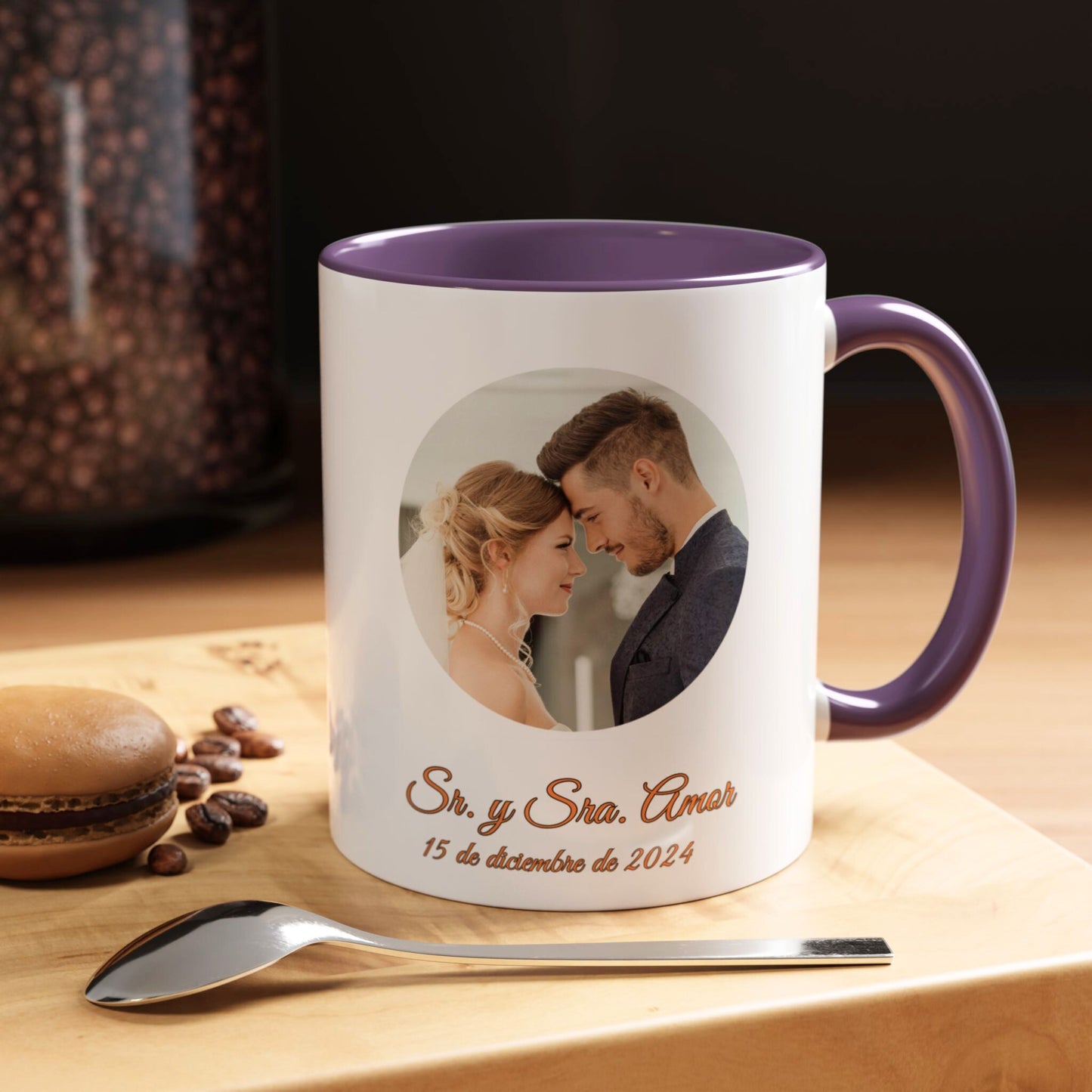 Taza personalizada, 325ml Blanco/morado Diseño circular Cerámica Taza de café, Regalo personalizado con foto, texto o logo
