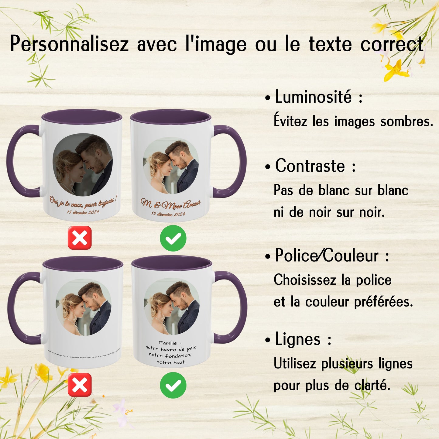 Mug personnalisé, 325 ml, en céramique, motif cercle blanc/violet, cadeau personnalisé avec photo, texte ou logo