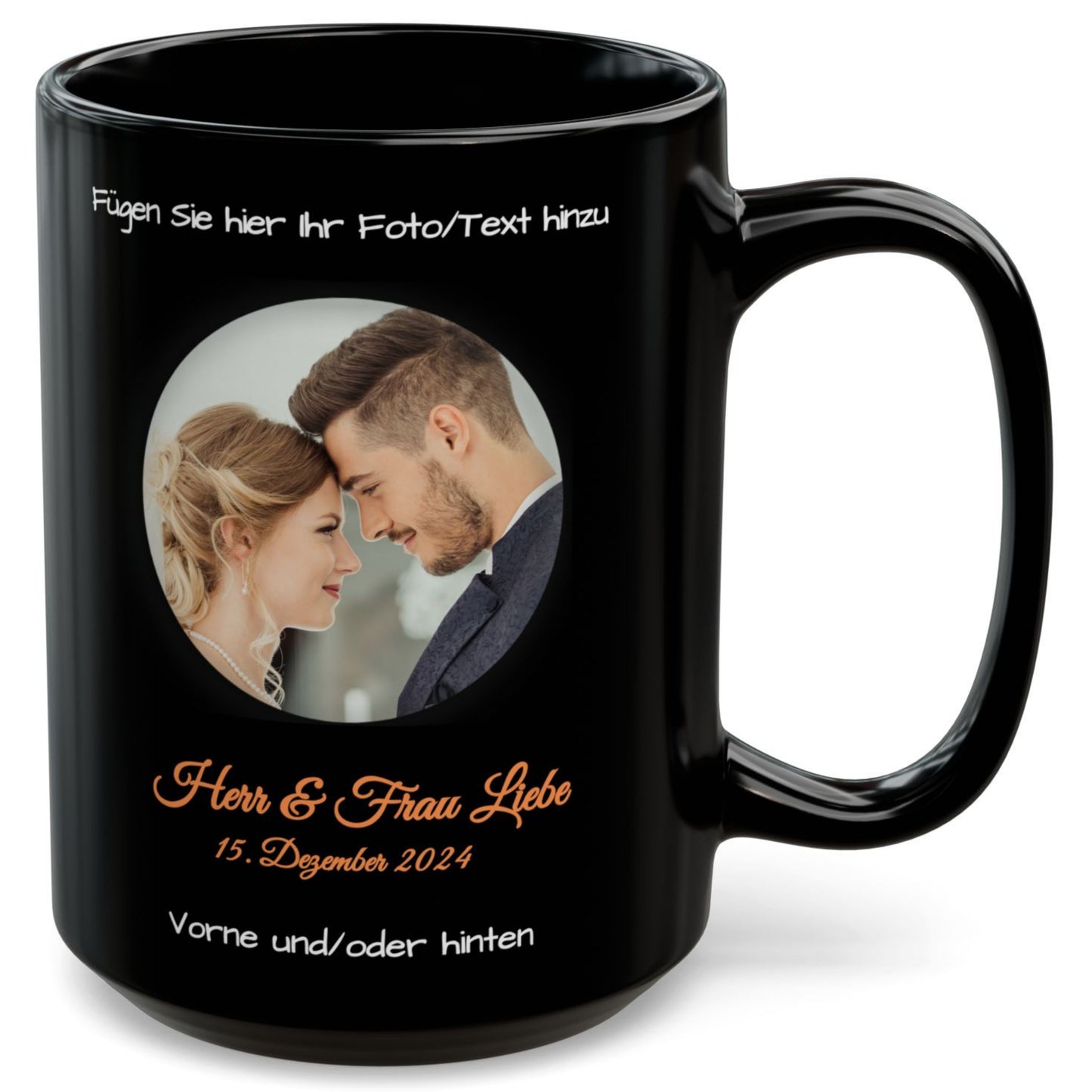 Individuell gestaltbare Tasse, komplett schwarz, 440 ml, personalisiertes Geschenk mit Foto, Text oder Logo, Kreisdesign