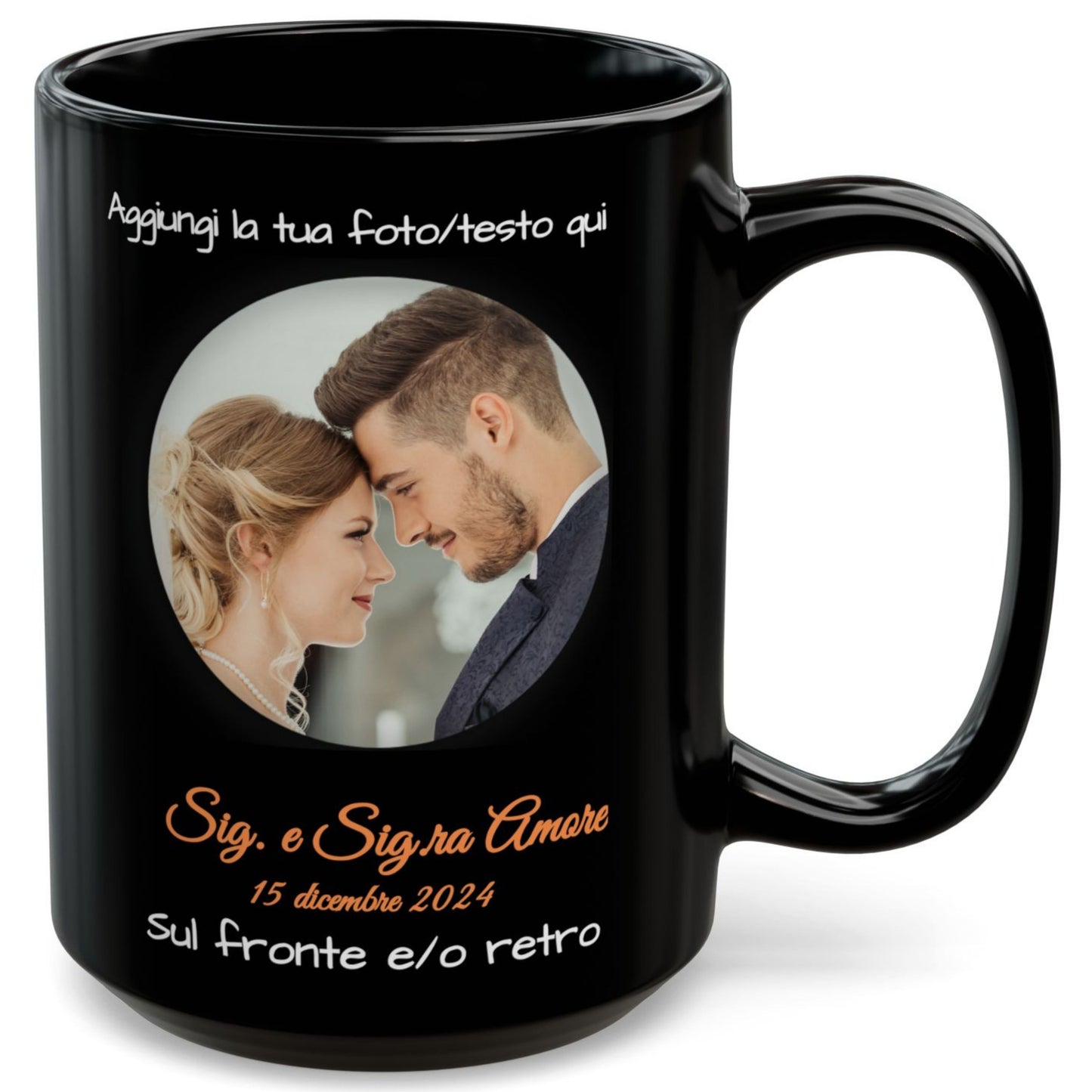 Personalisierte Tasse, 425 ml, ganz schwarz, kreisförmiges Design, Keramik-Kaffeetasse, personalisiertes Geschenk mit Foto, Text oder Logo