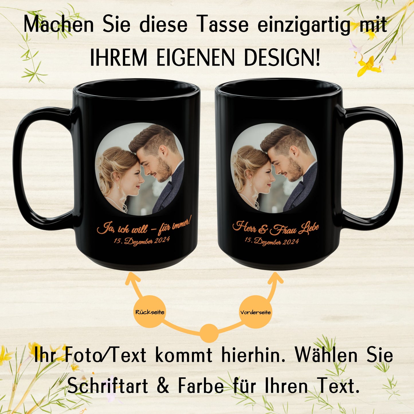 Individuell gestaltbare Tasse, komplett schwarz, 440 ml, personalisiertes Geschenk mit Foto, Text oder Logo, Kreisdesign