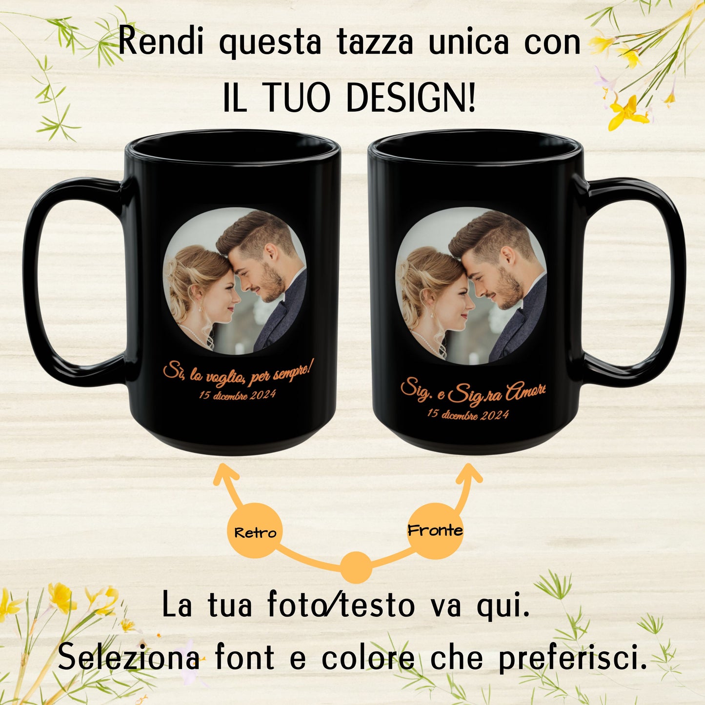 Personalisierte Tasse, 425 ml, ganz schwarz, kreisförmiges Design, Keramik-Kaffeetasse, personalisiertes Geschenk mit Foto, Text oder Logo