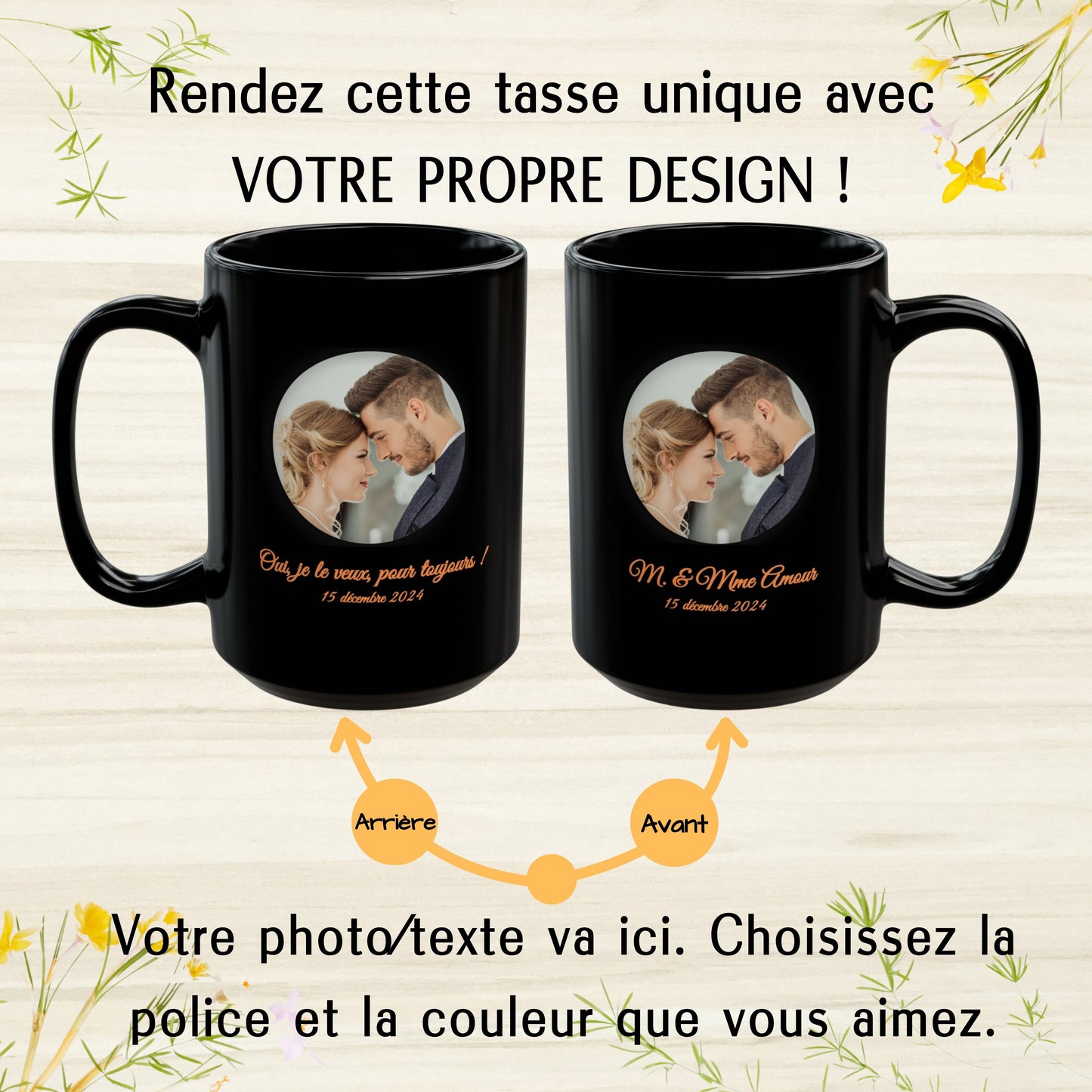 Mug personnalisé, Mug en céramique noir mat 425ml, Cadeau personnalisé avec photo, texte ou logo