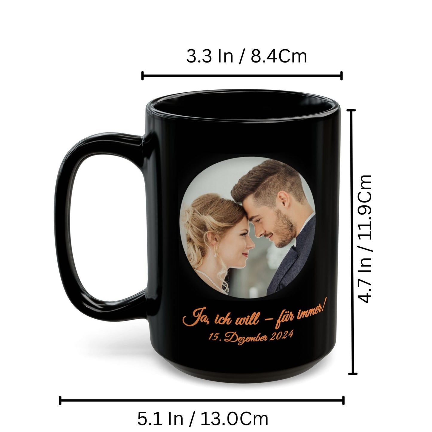 Individuell gestaltbare Tasse, komplett schwarz, 440 ml, personalisiertes Geschenk mit Foto, Text oder Logo, Kreisdesign