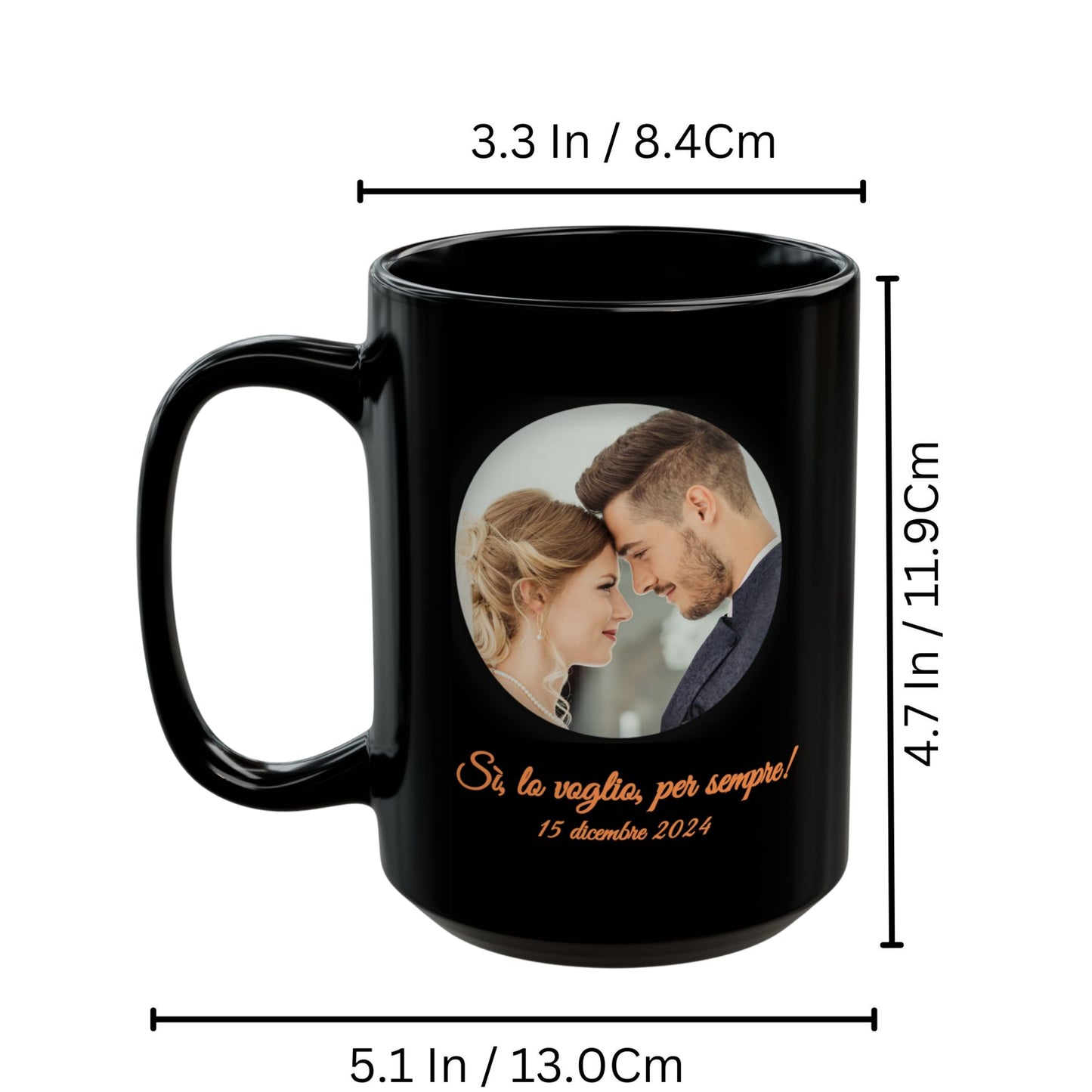 Personalisierte Tasse, 425 ml, ganz schwarz, kreisförmiges Design, Keramik-Kaffeetasse, personalisiertes Geschenk mit Foto, Text oder Logo