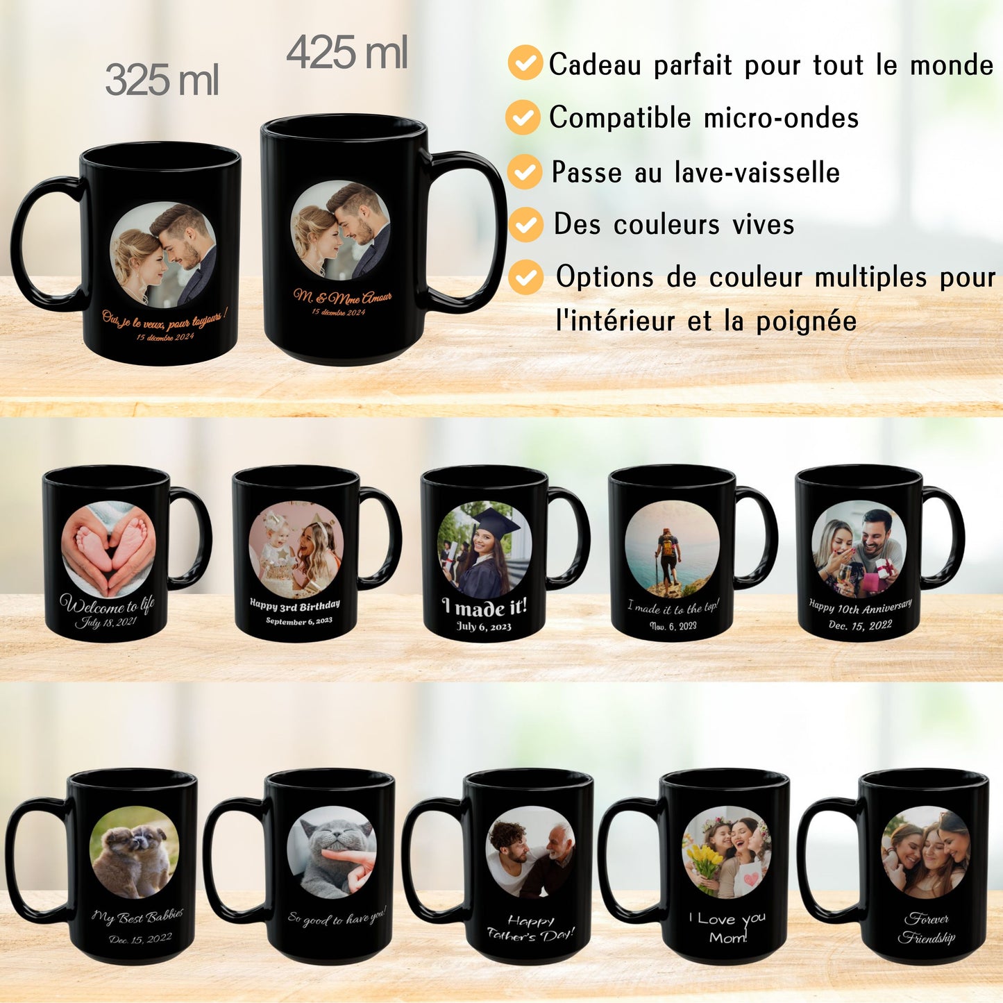 Mug personnalisé, Mug en céramique noir mat 425ml, Cadeau personnalisé avec photo, texte ou logo