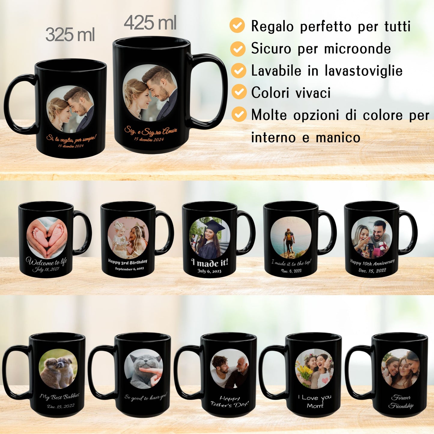 Personalisierte Tasse, 425 ml, ganz schwarz, kreisförmiges Design, Keramik-Kaffeetasse, personalisiertes Geschenk mit Foto, Text oder Logo