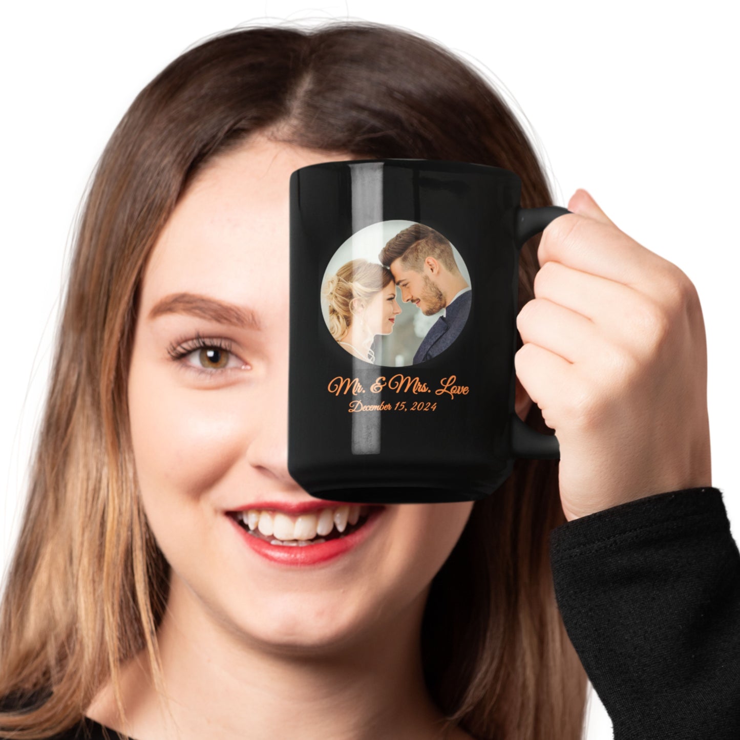 Personalisierte Tasse, 425 ml, ganz schwarz, kreisförmiges Design, Keramik-Kaffeetasse, personalisiertes Geschenk mit Foto, Text oder Logo