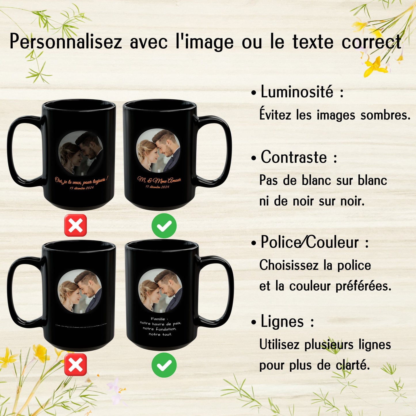 Mug personnalisé, Mug en céramique noir mat 425ml, Cadeau personnalisé avec photo, texte ou logo