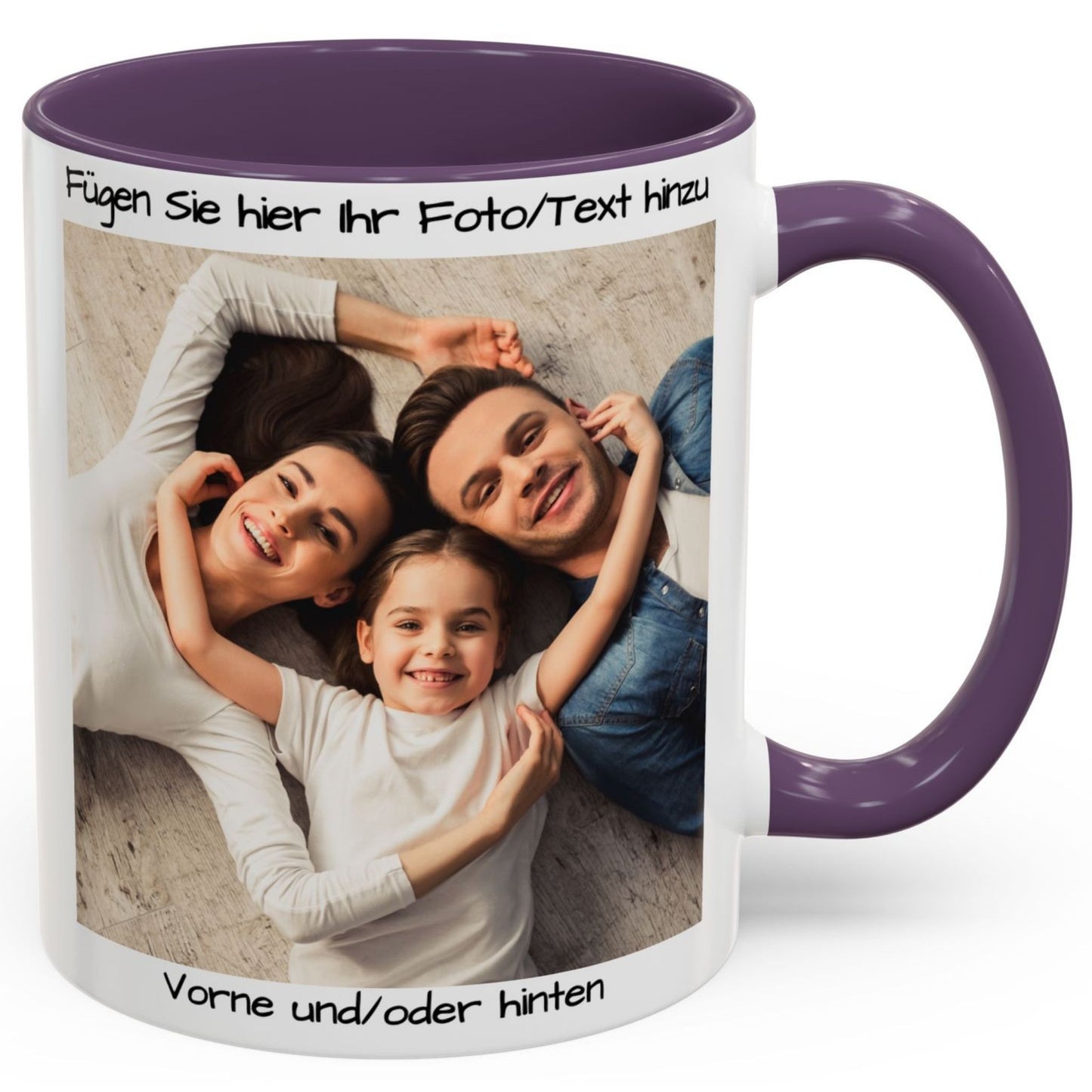 Personalisierte Tasse, weiß/lila, 325 ml, mit Foto, Text oder Logo, quadratisches Design